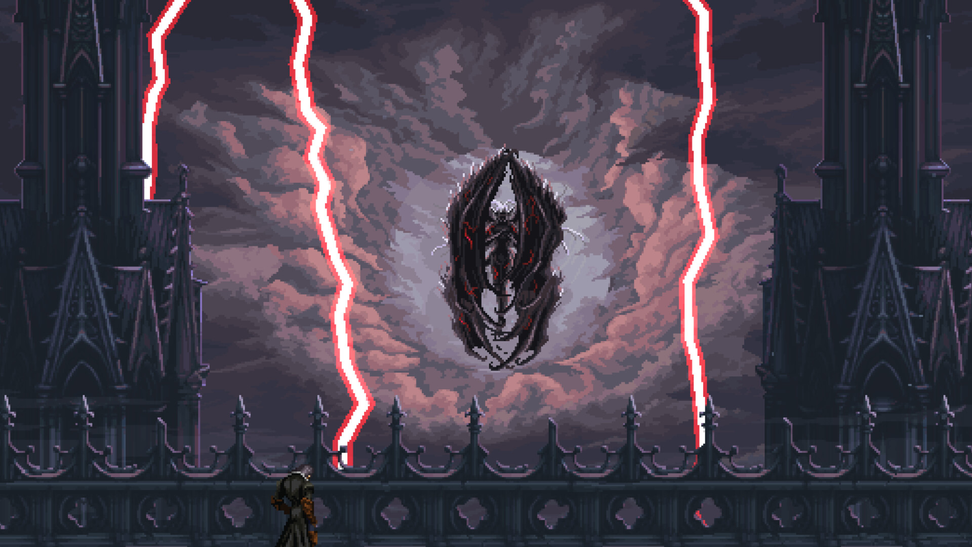 A lone fighter stands before a suspended monster amid red lightning.