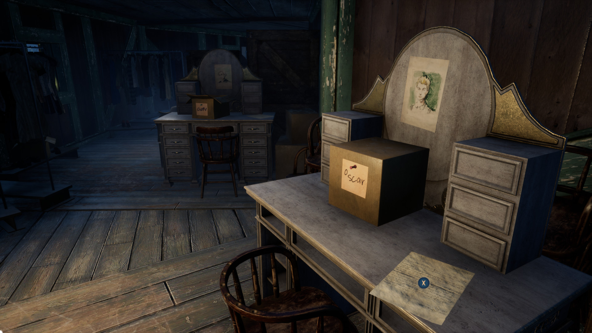 The abandoned theatre contains labelled boxes, desks and a portrait.