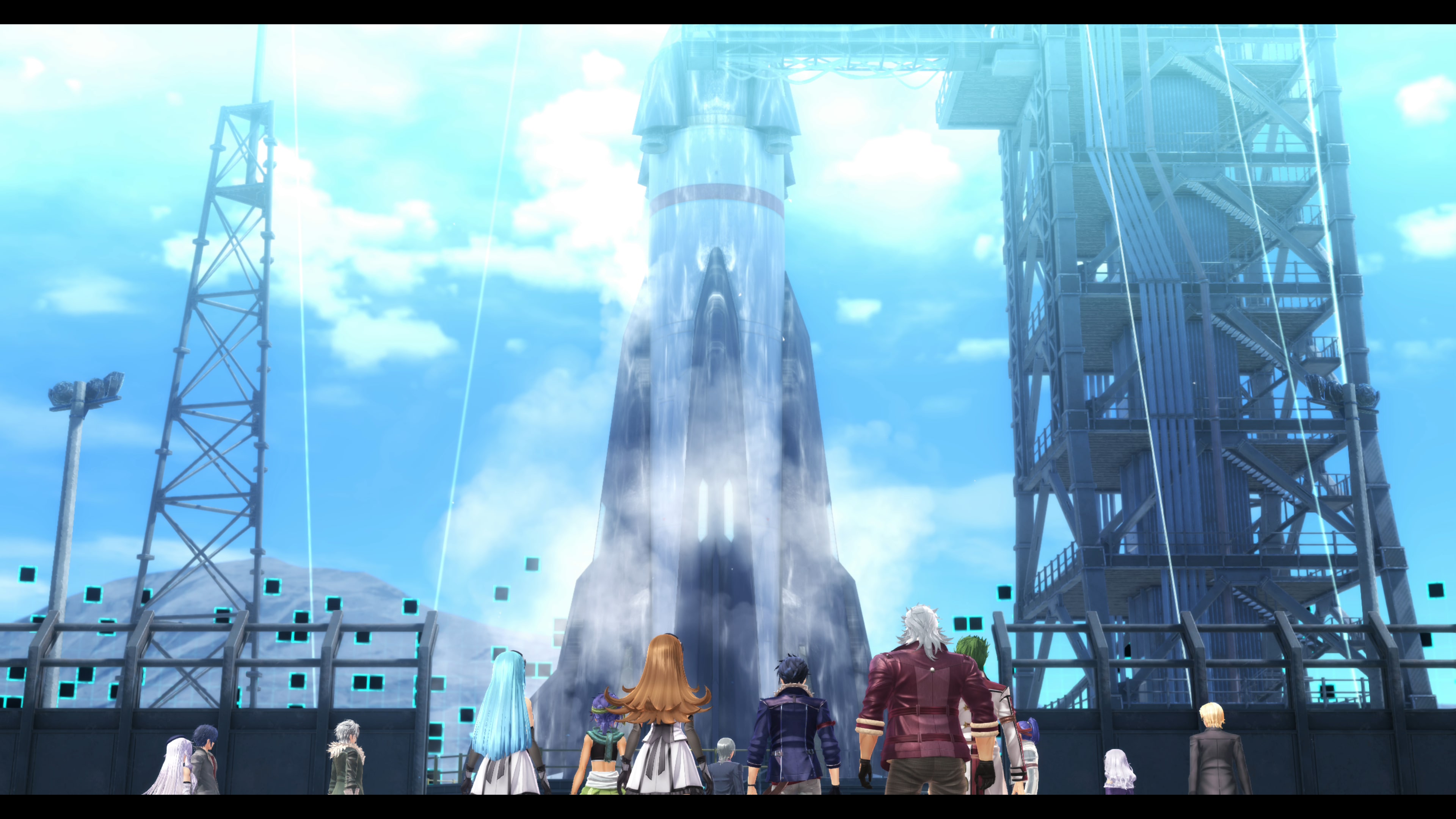 A group looks toward a launch tower and ascending craft.