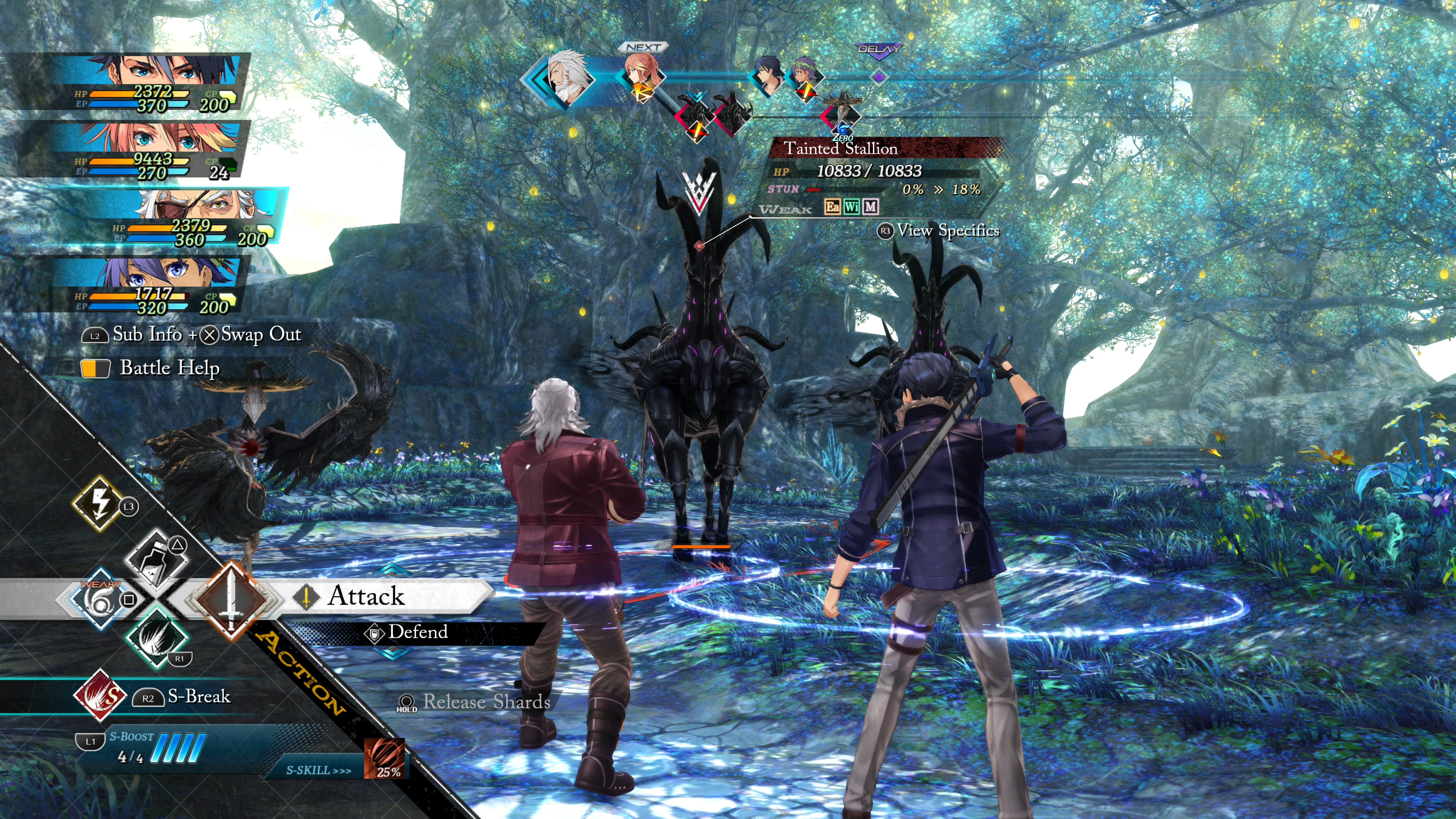 The party faces a Tainted Stallion in a wooded tactical battle.