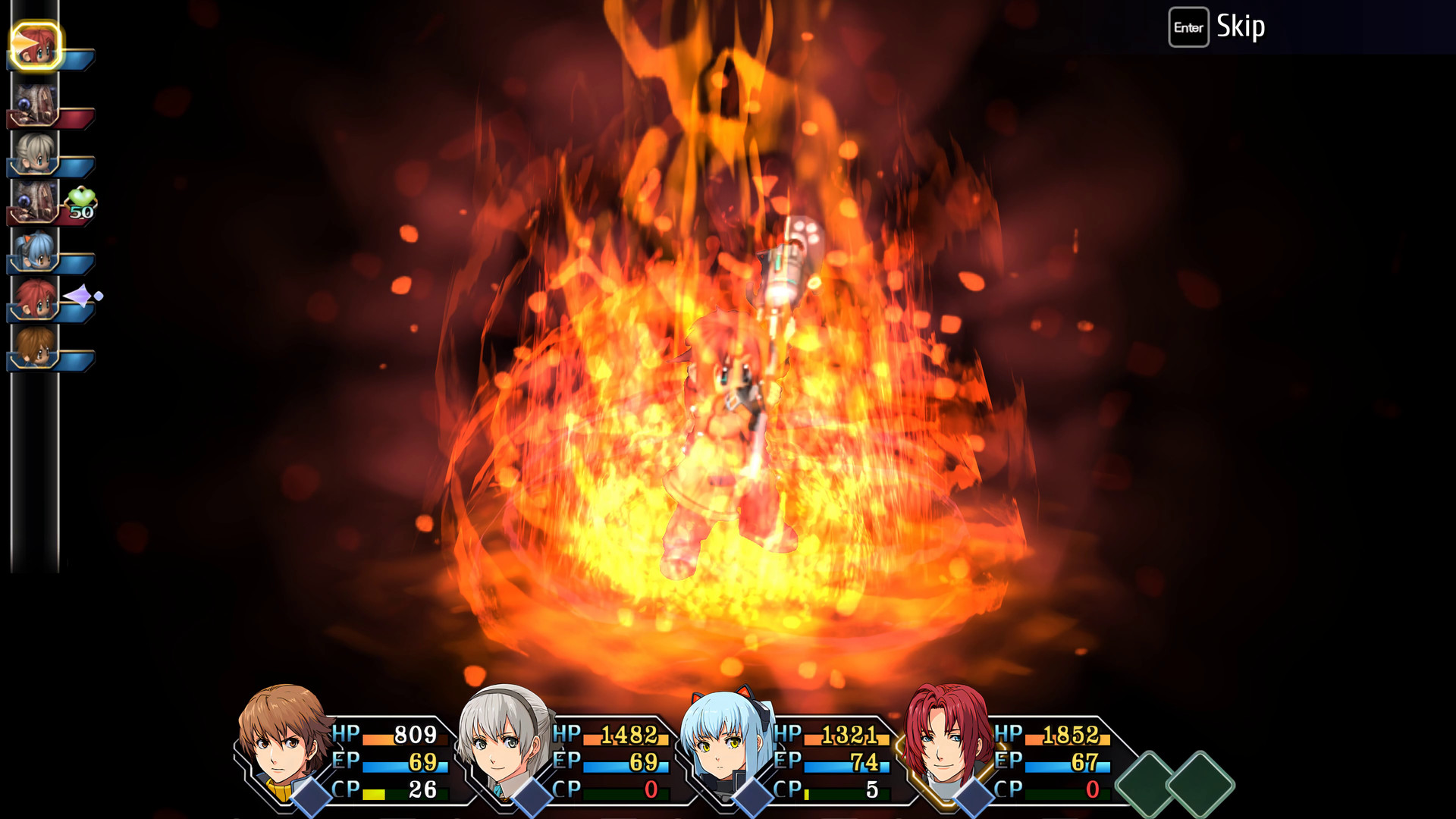 A fiery attack lands in a turn-based battle.