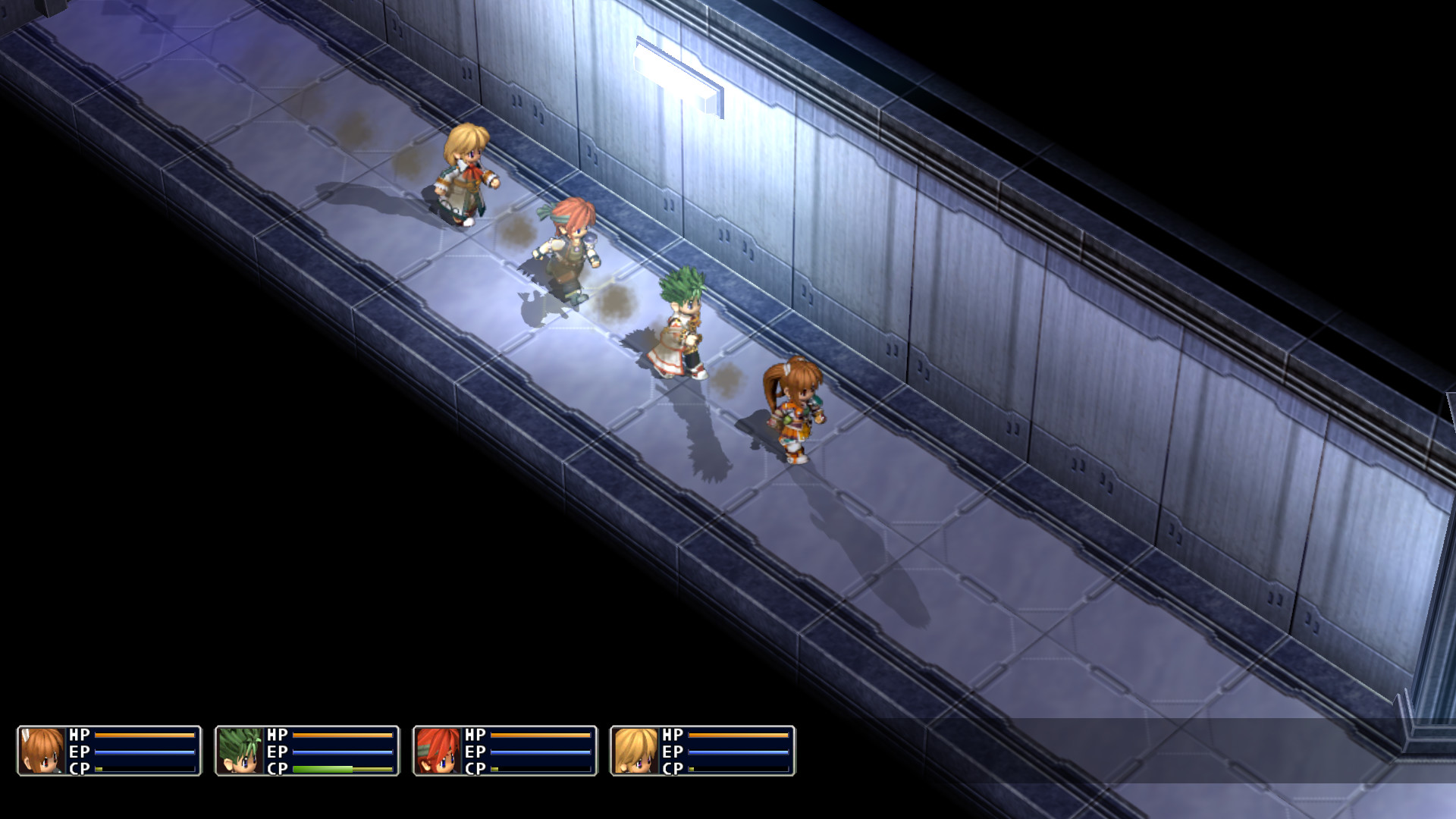 Estelle and her party travel through a brightly lit corridor.