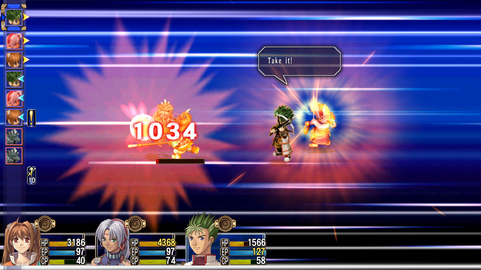 The party fights an enemy during a turn-based encounter.
