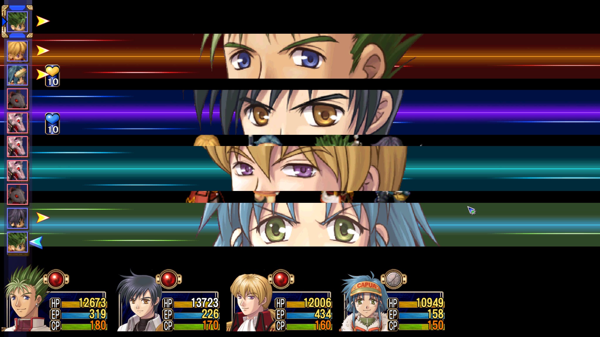 Party portraits and turn order appear during a battle.