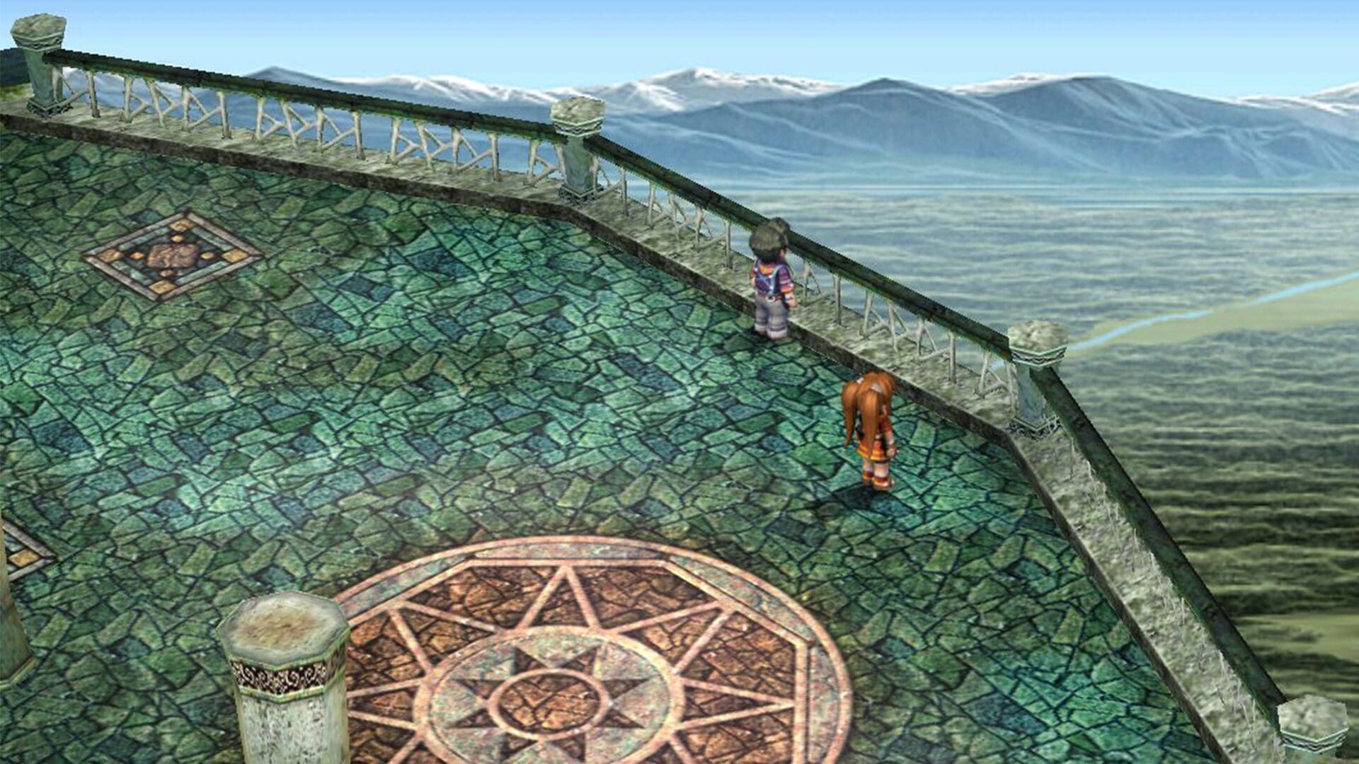 Estelle and Joshua on a mountain terrace in Trails in the Sky.