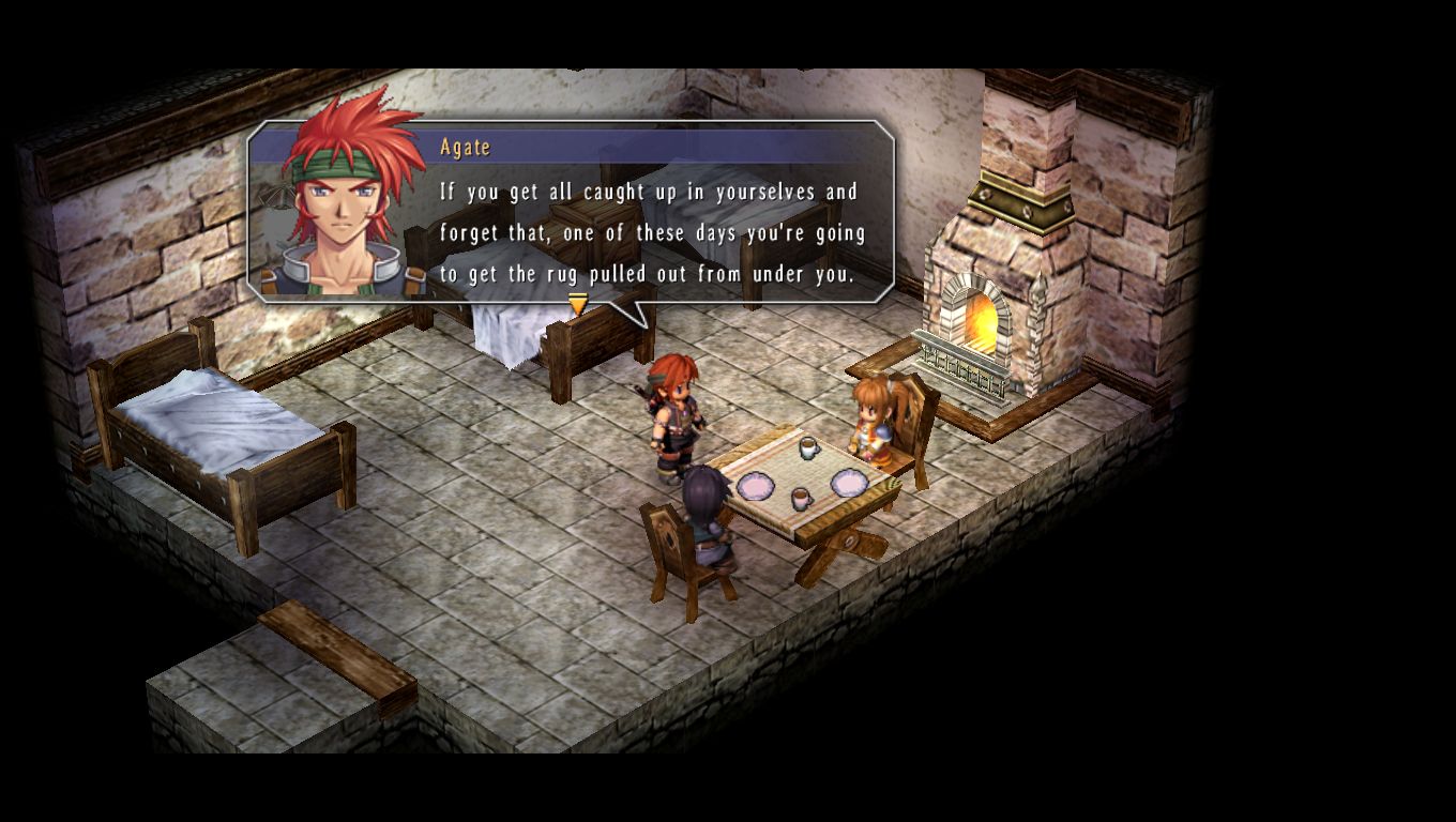 Estelle and Joshua speak with Agate inside a stone room.