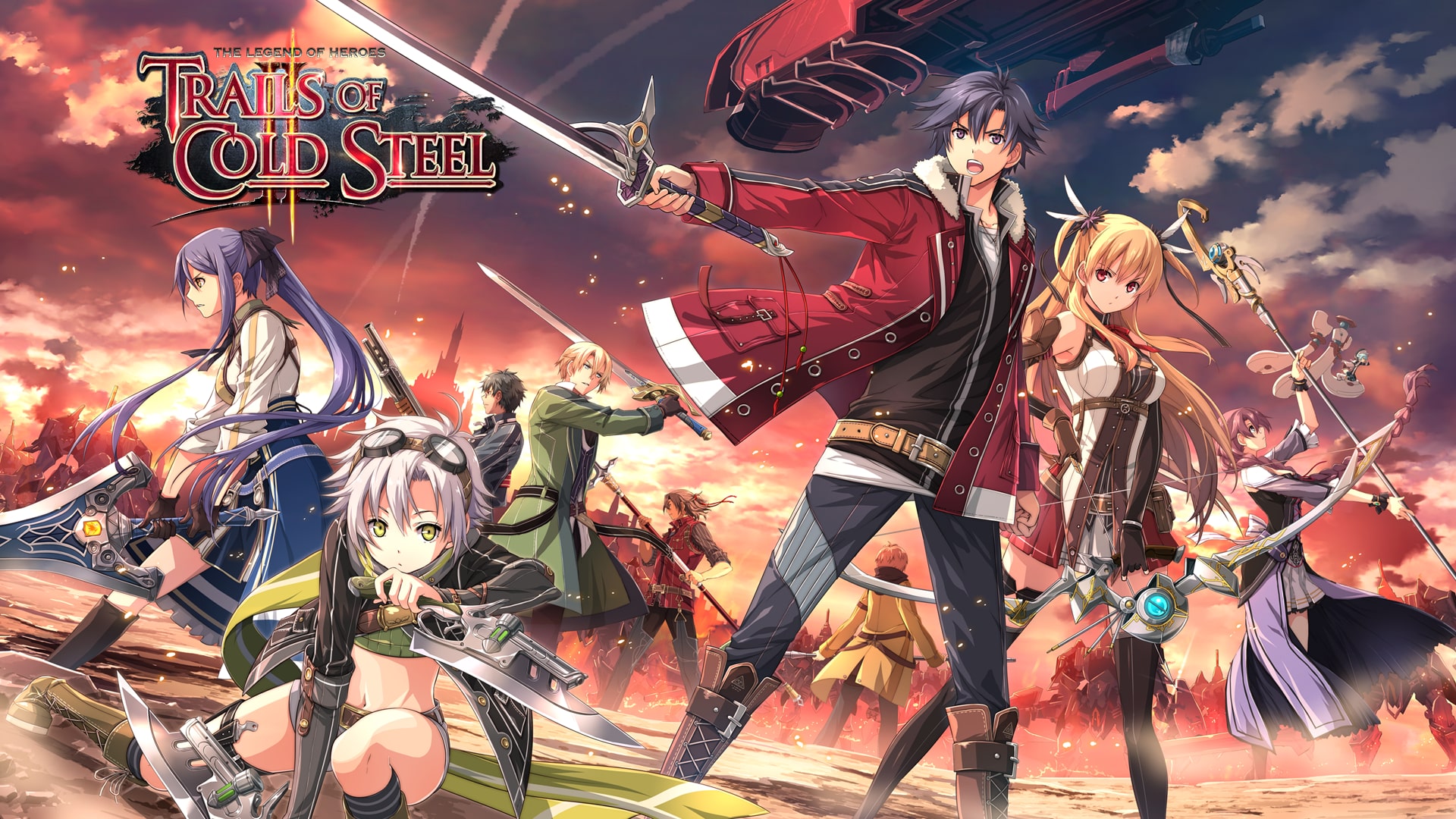 Rean and his companions stand beneath the Trails of Cold Steel II title in official artwork.