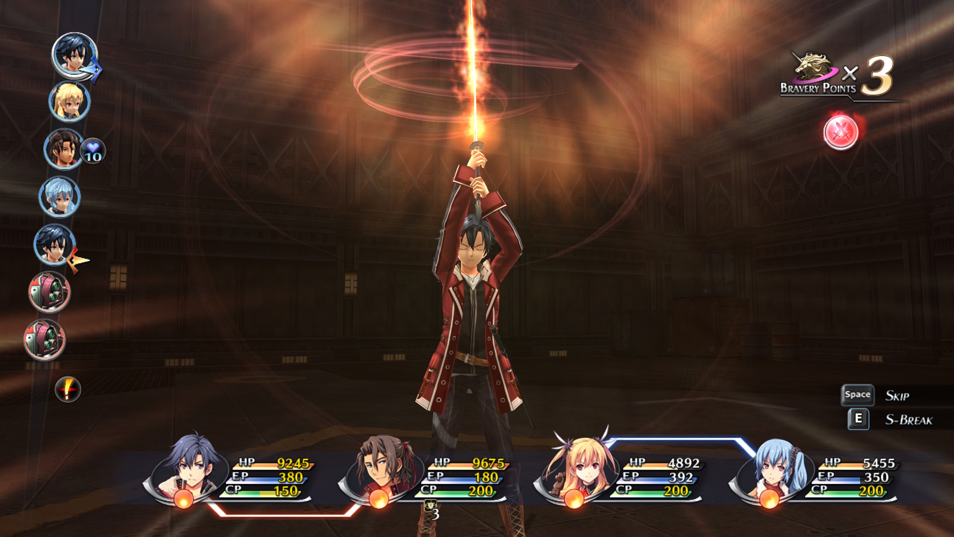 Rean raises his sword during a turn-based battle.