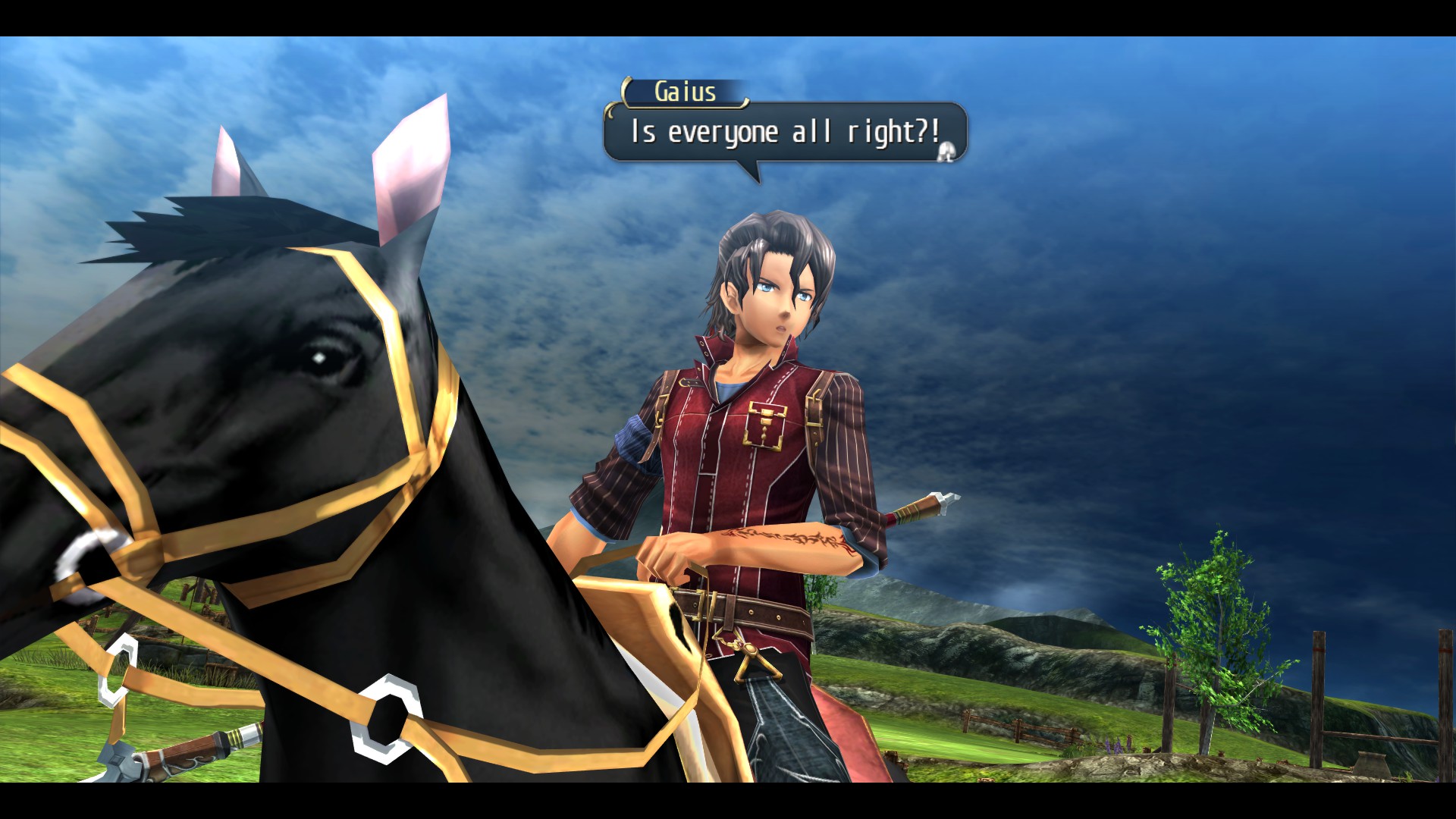 Gaius stands beside a horse on a grassy road.