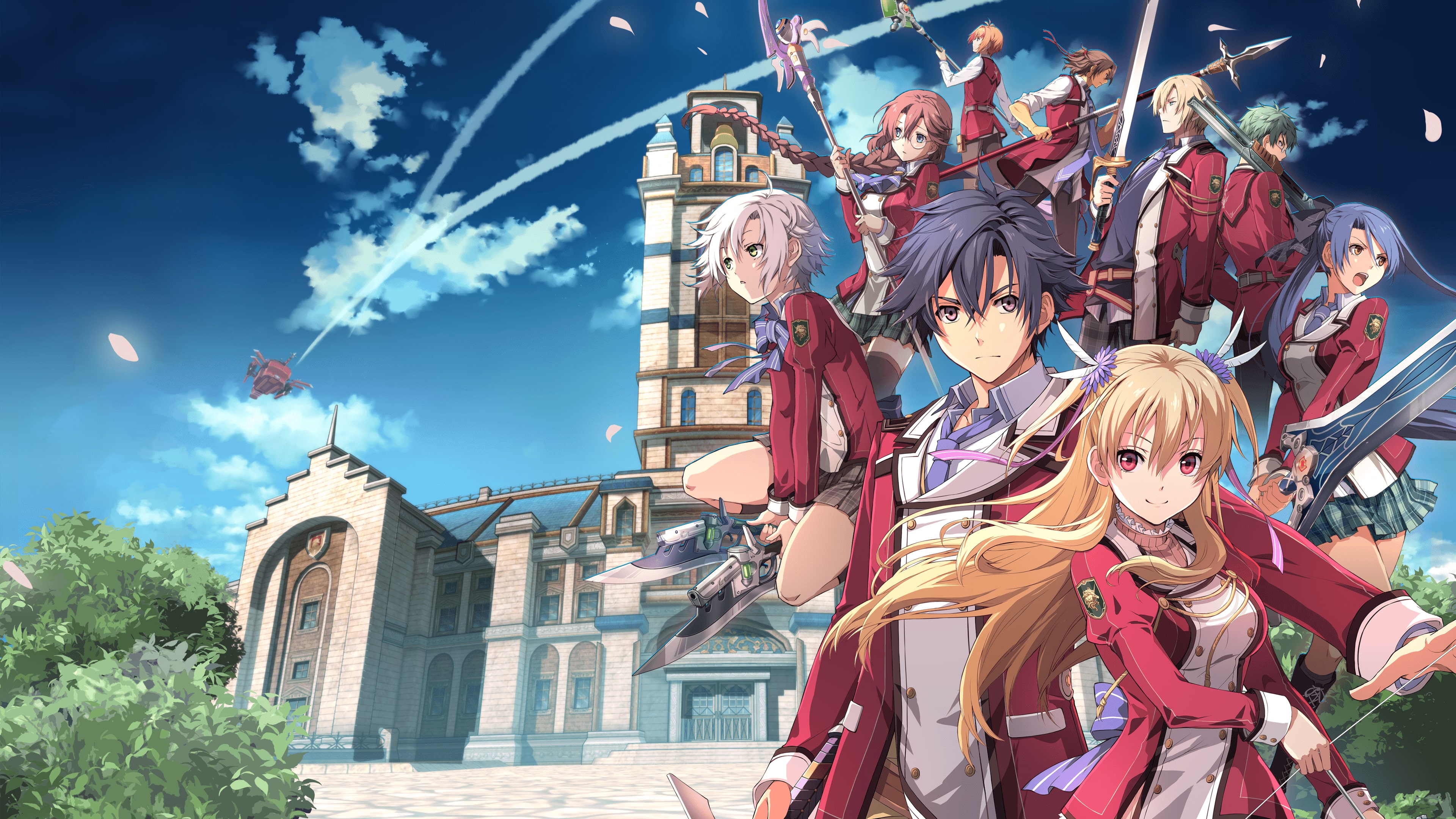 Rean and Class VII appear over a view of Thors Military Academy in official game art.