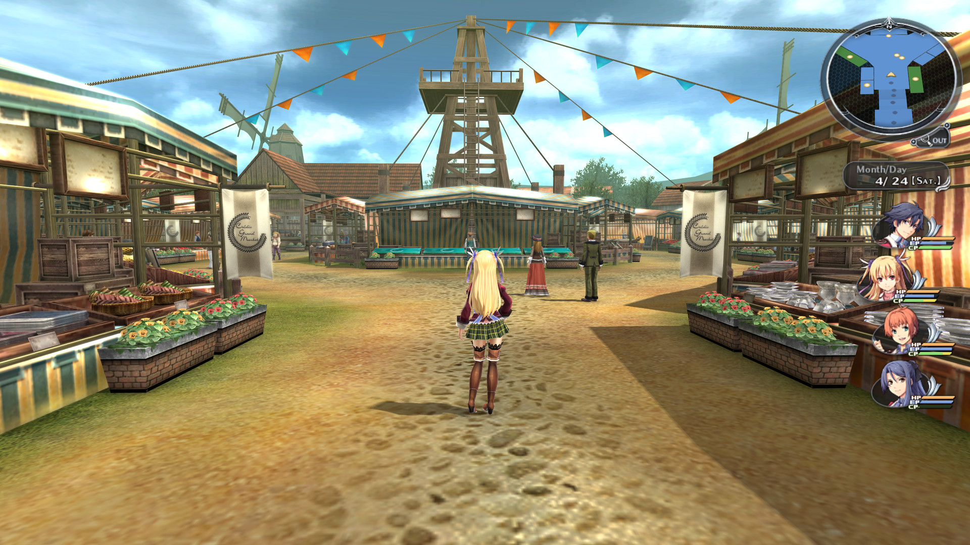 A student crosses a market square with stalls and a clock tower.