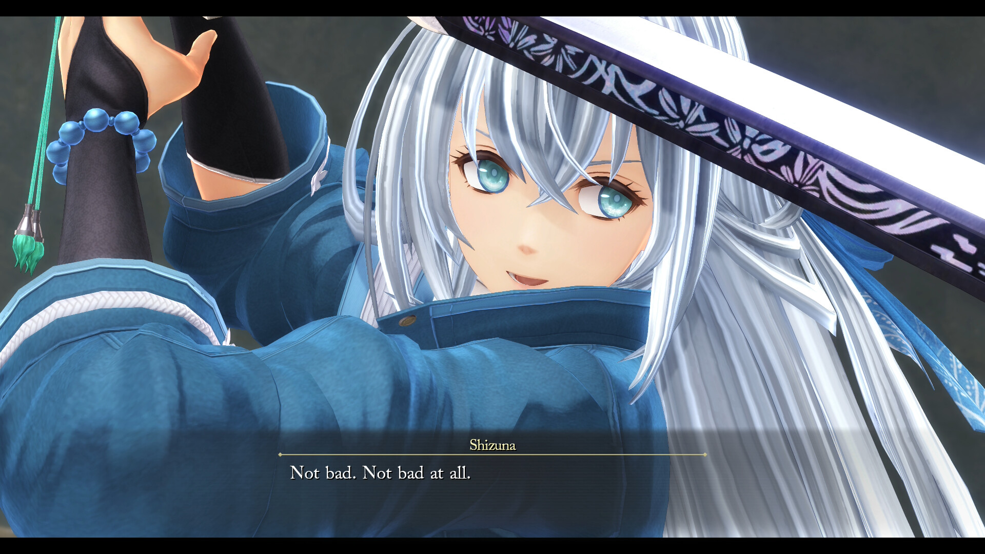 Shizuna raises her sword during a close-up scene.