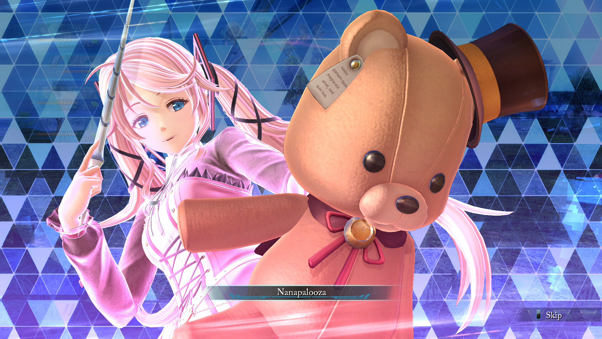 A pink-haired character poses beside a bear mascot.