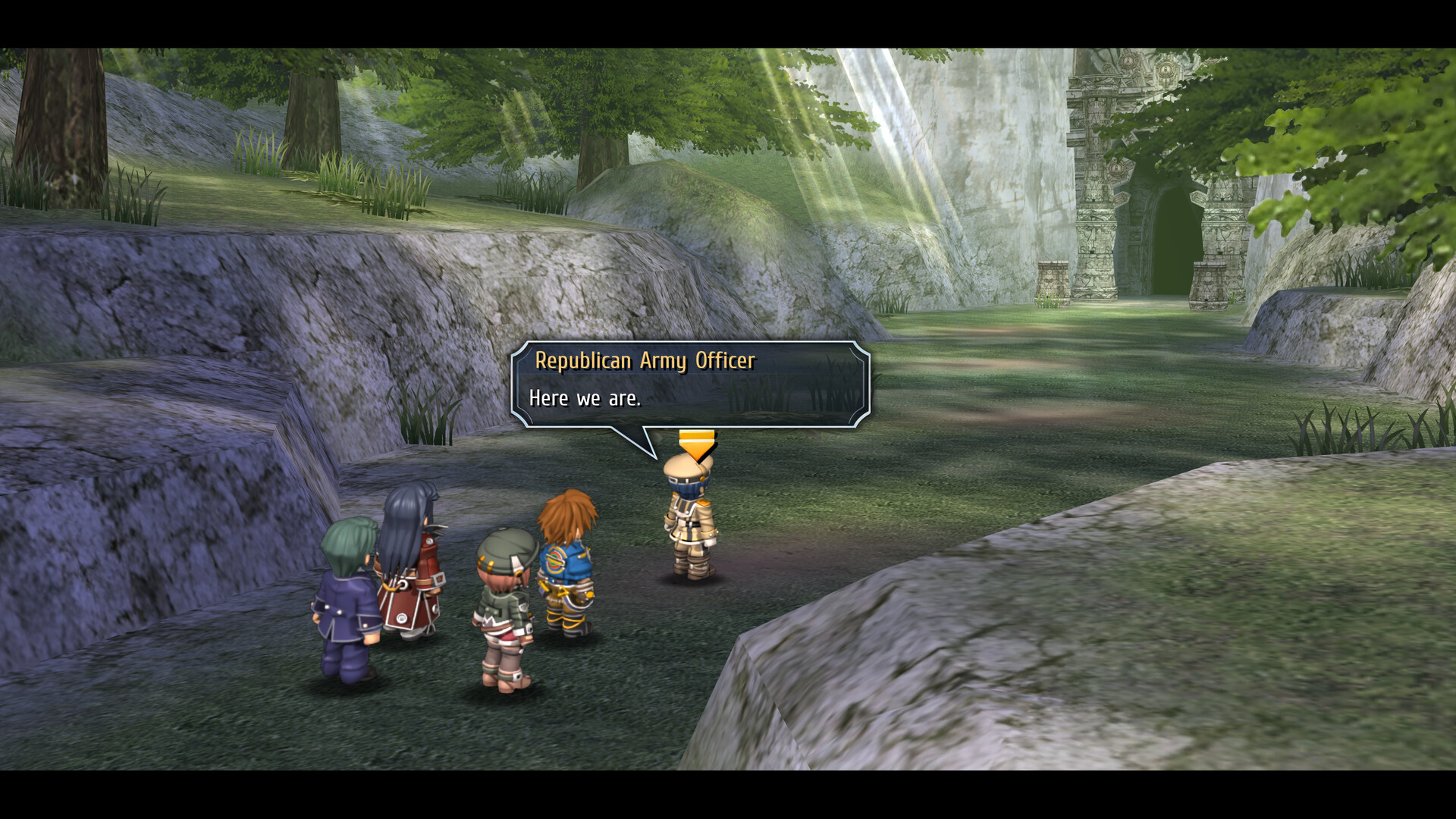 The Special Support Section meets a Republic Army officer on a wooded road.