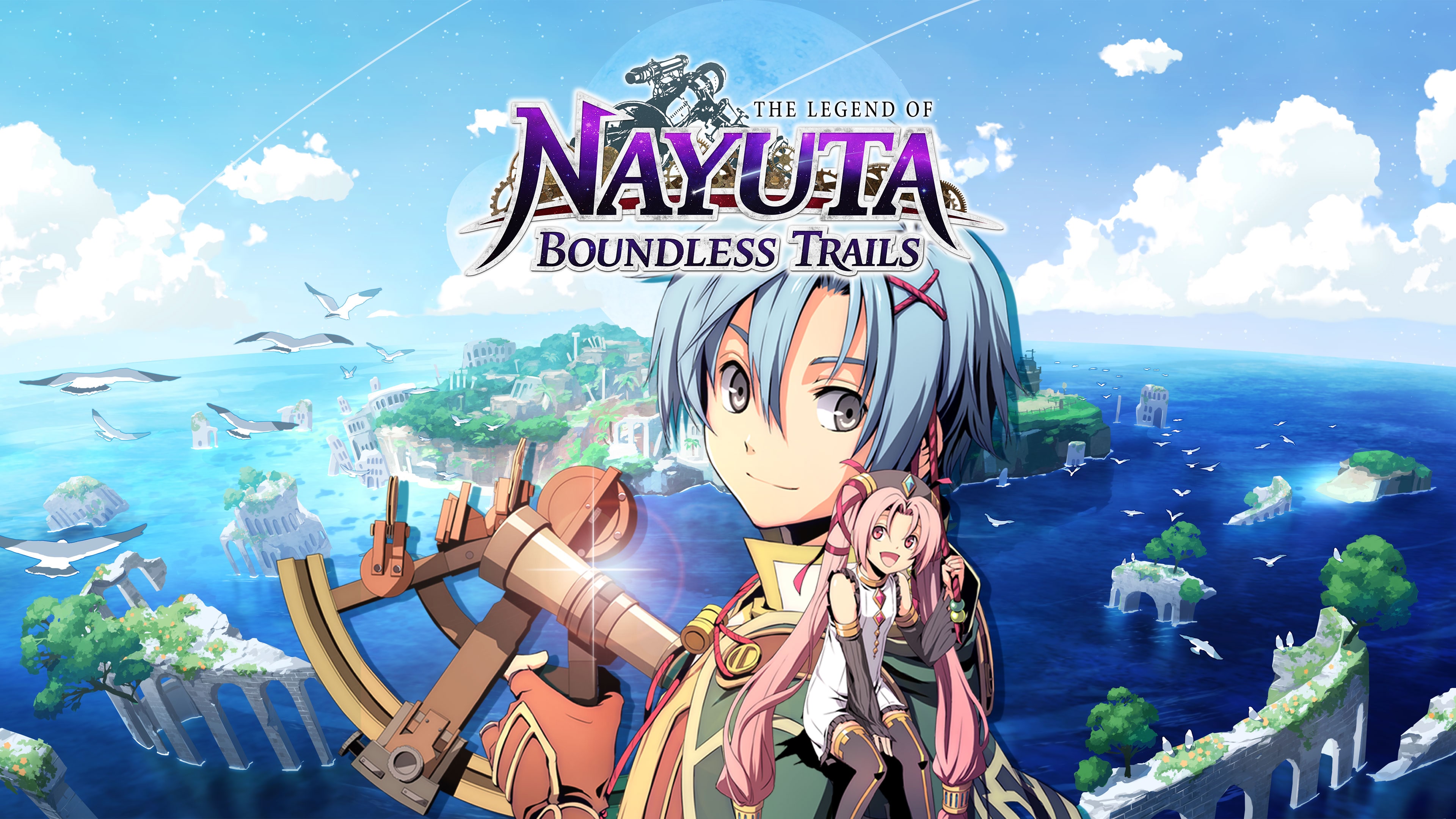 Official The Legend of Nayuta: Boundless Trails art showing Nayuta, companions and the game logo above islands.
