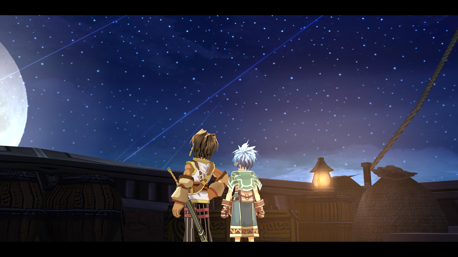Two young travelers look up at the night sky.