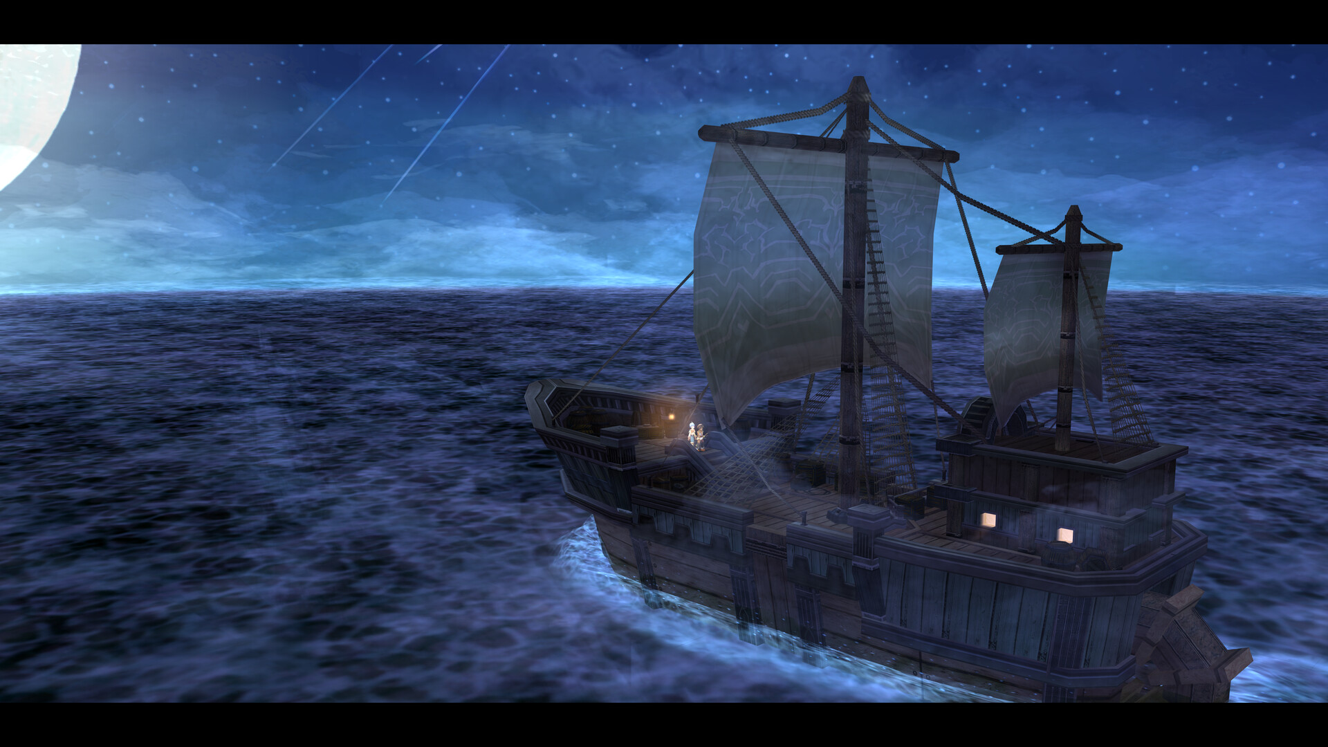 A sailing ship crosses the sea beneath a bright moon.