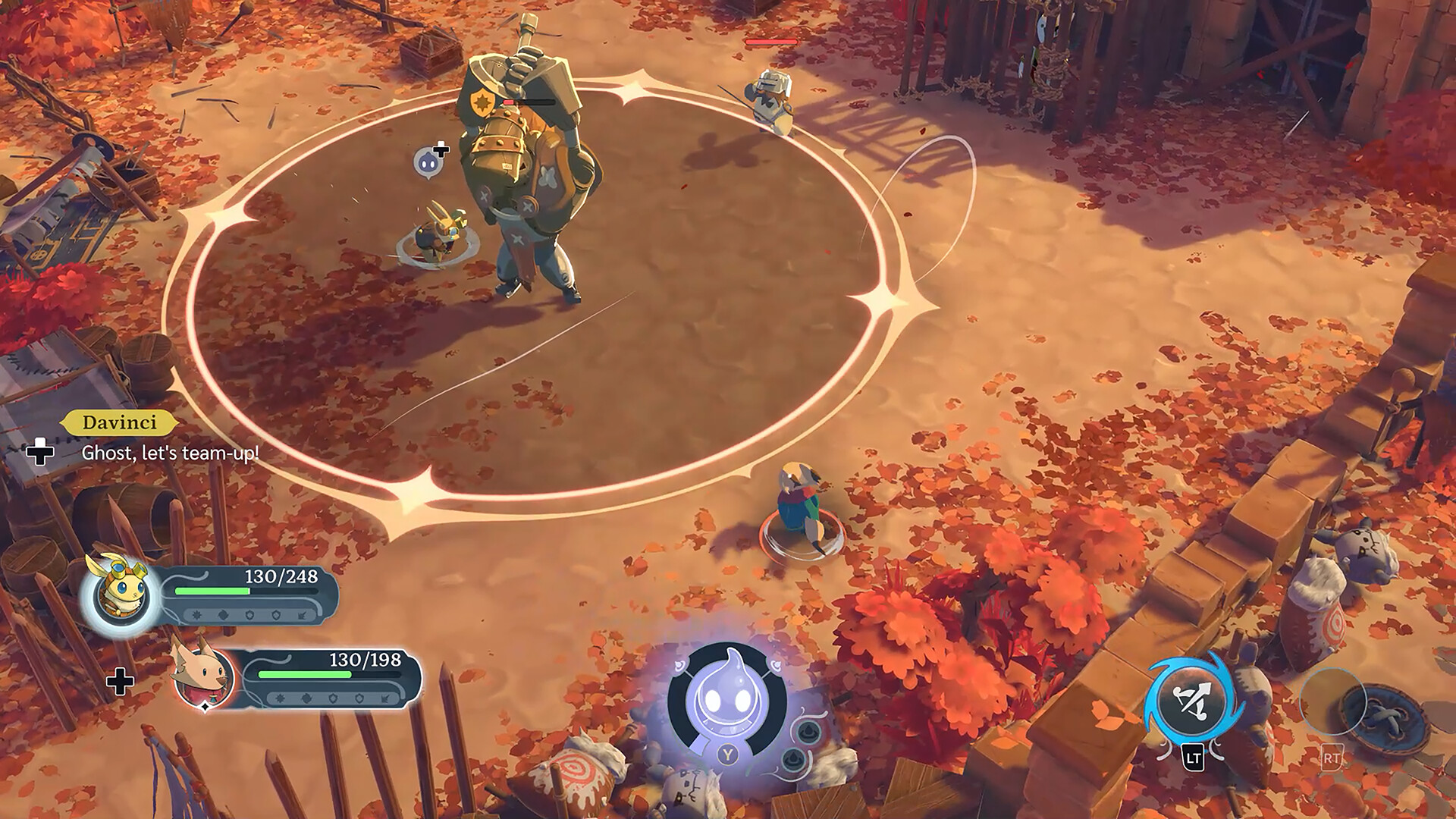 The party faces a large enemy in a battle arena.
