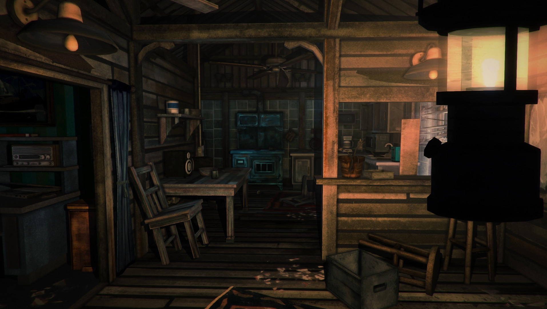 Warm lamplight spills through a shelter in the frozen wilderness.