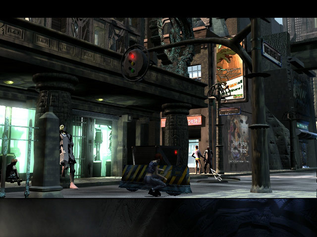 A character walks through a busy city street.