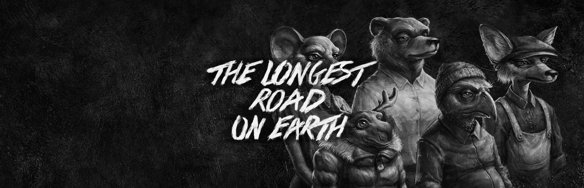 Official Steam library artwork places The Longest Road on Earth title over a monochrome illustration of its animal characters.