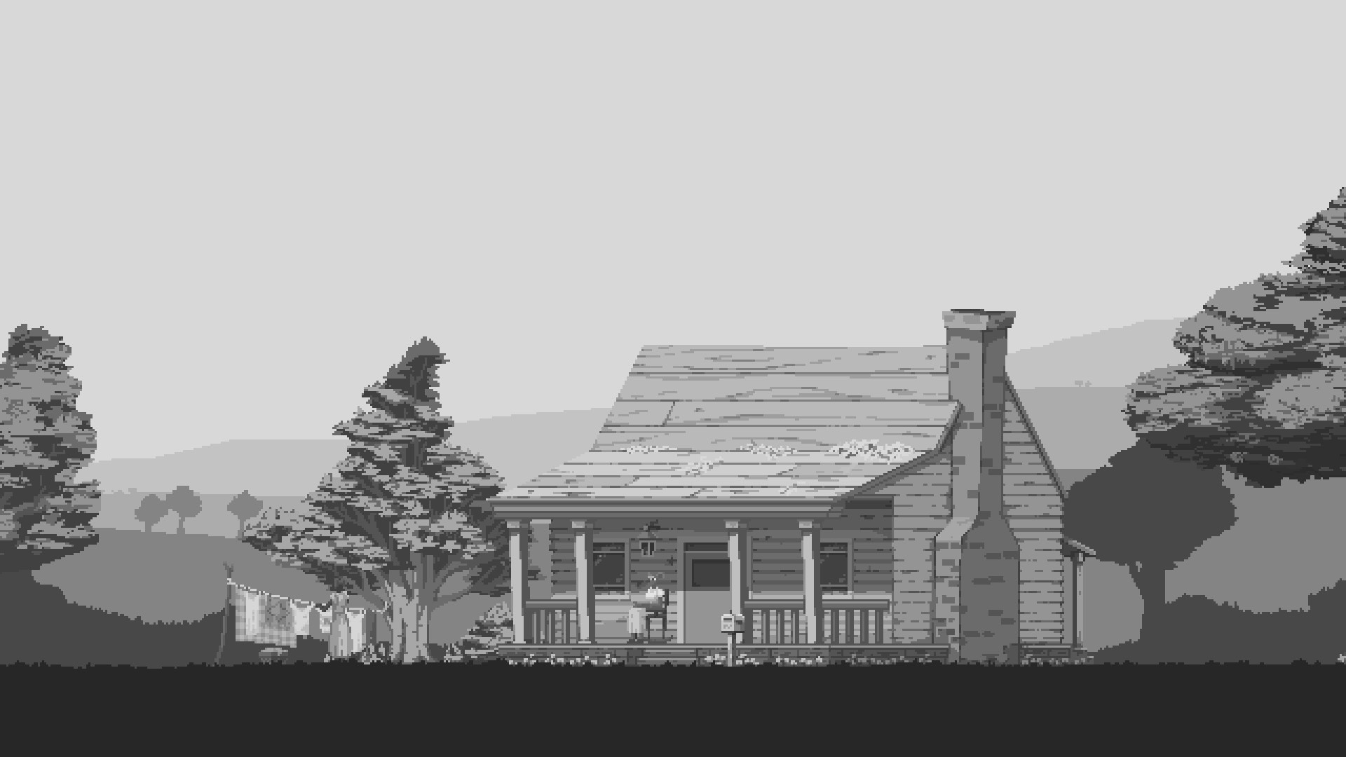 A monochrome house stands beside trees and a quiet road.