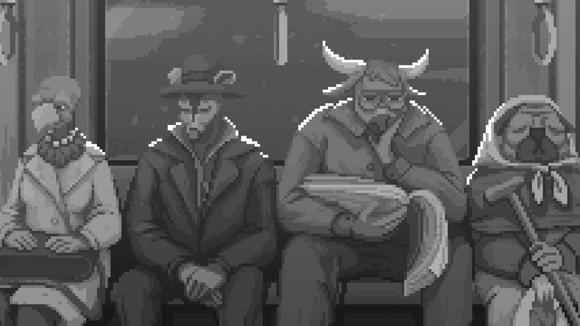 Animal characters sit together inside a bus in a monochrome scene.