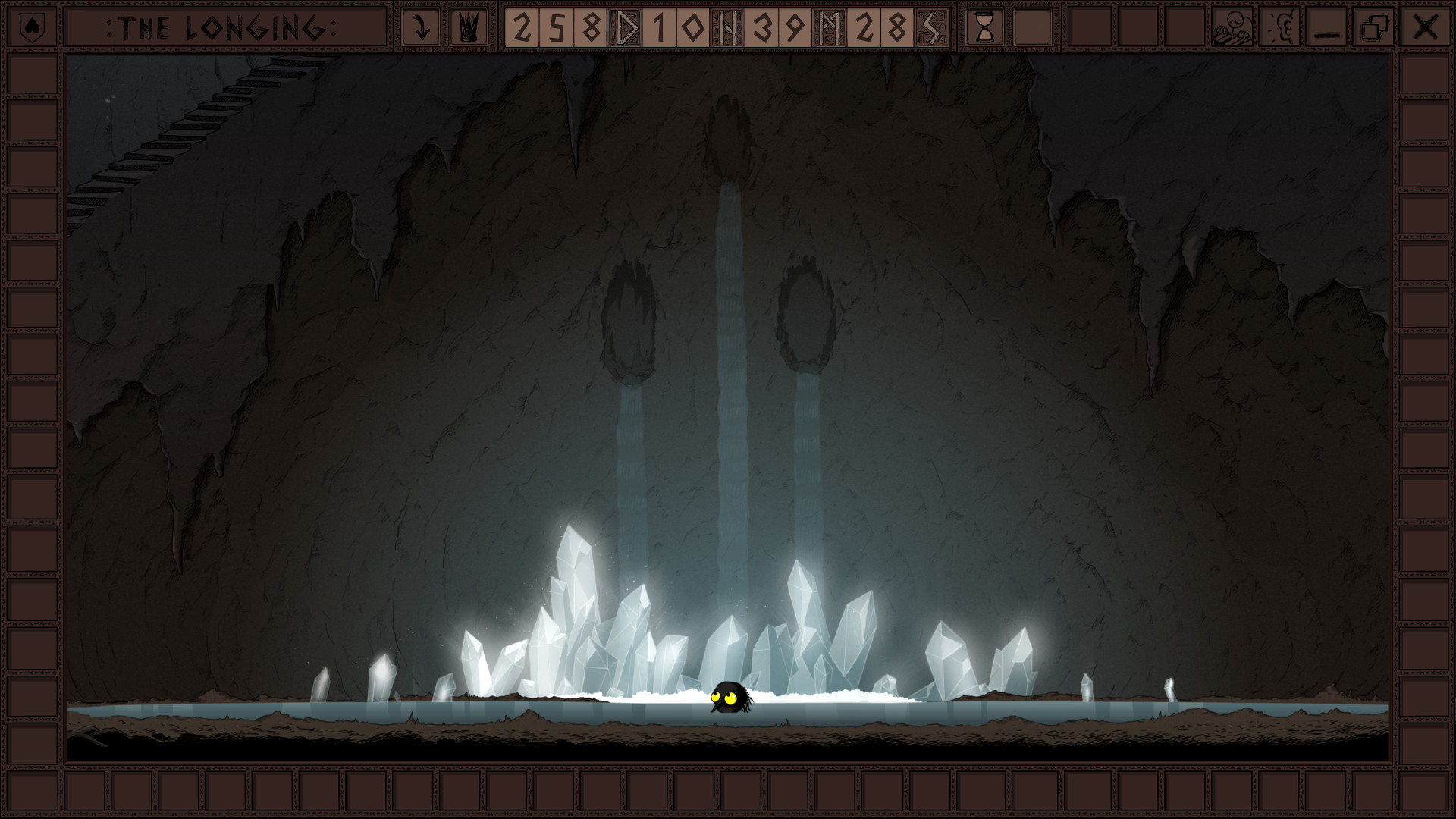 The Shade approaches luminous crystals in an underground chamber.