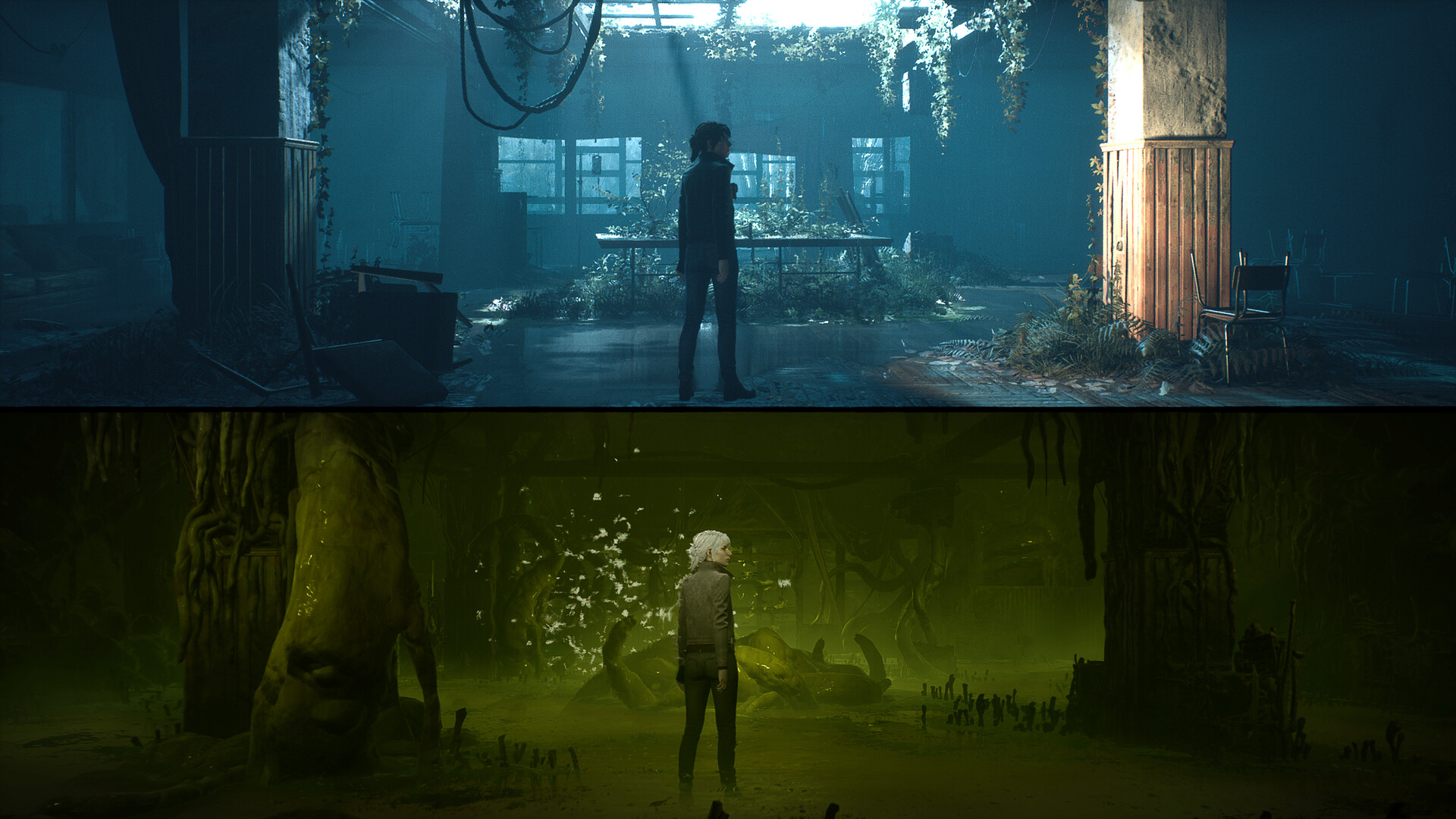 A lone figure stands in a ruined room divided between two worlds.
