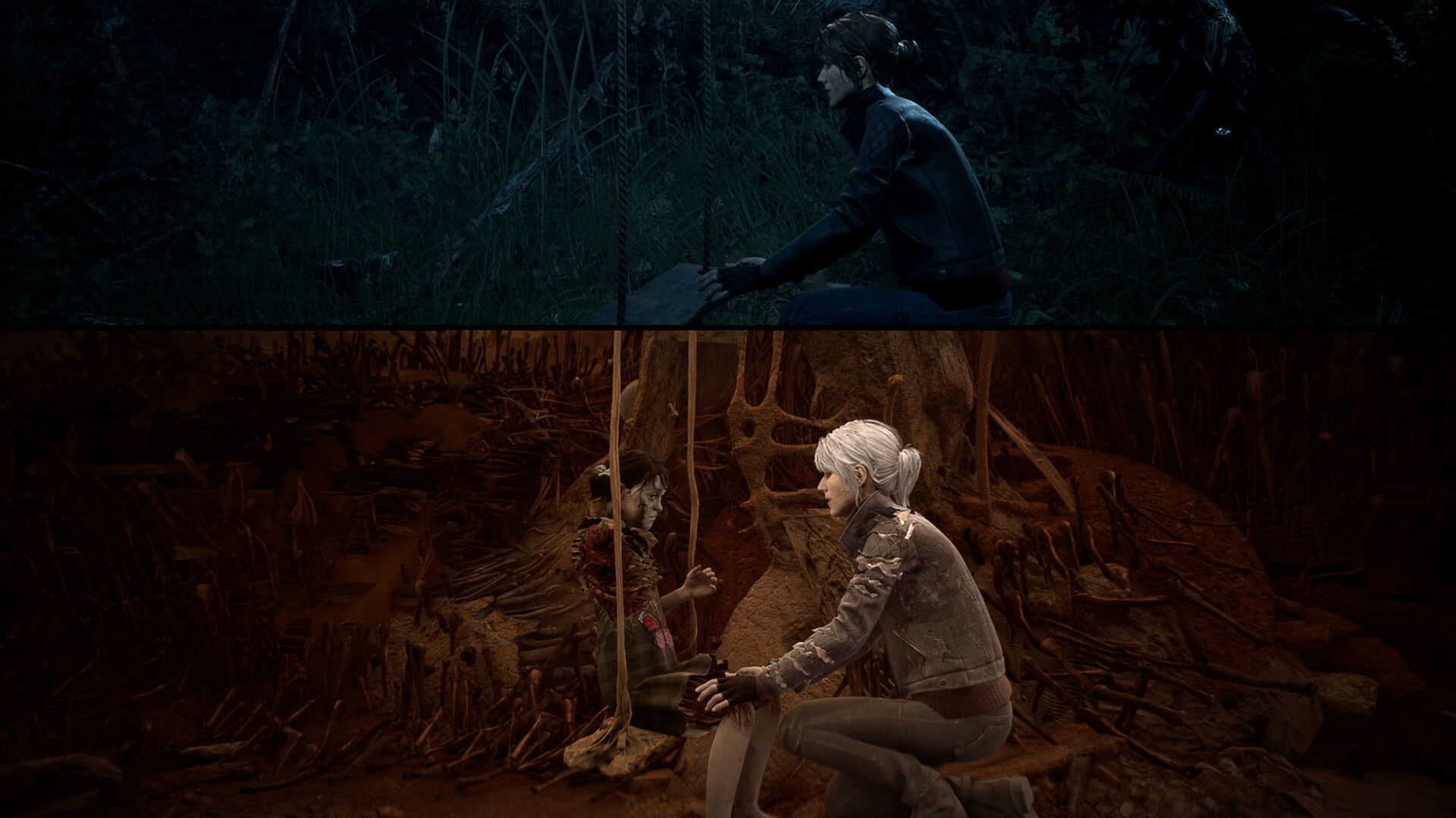 A figure sits beside a tree in a dark forest.