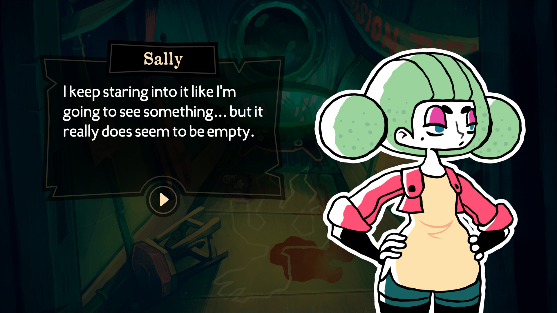 Sally speaks inside a green-lit compartment aboard the Mortuga Submarine.