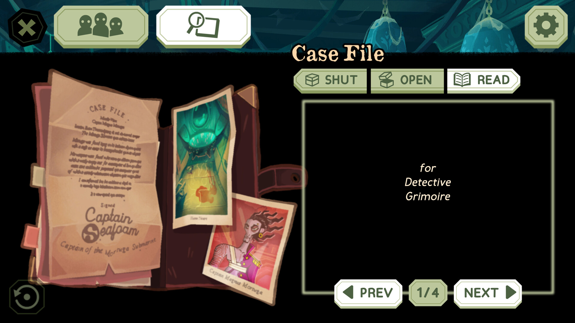 The case-file screen displays Captain Seafoam’s papers and clue tabs.