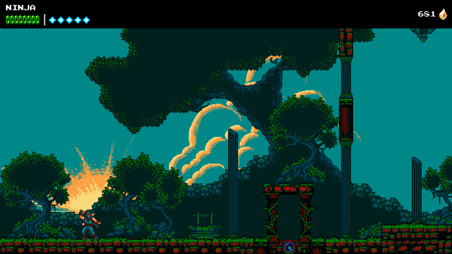 The Messenger crosses a forest area amid bright pixel-art effects.