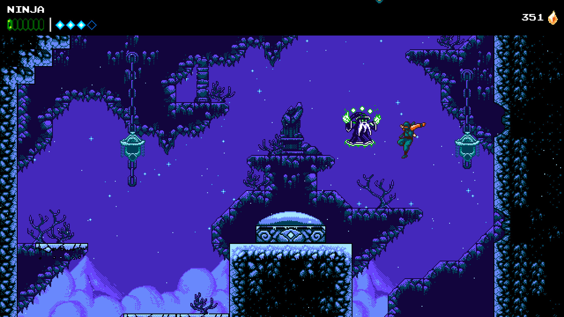 The Messenger navigates a purple cavern with floating enemies.
