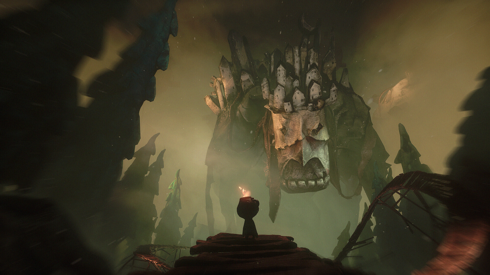 A small lantern-bearer faces a towering clay creature.