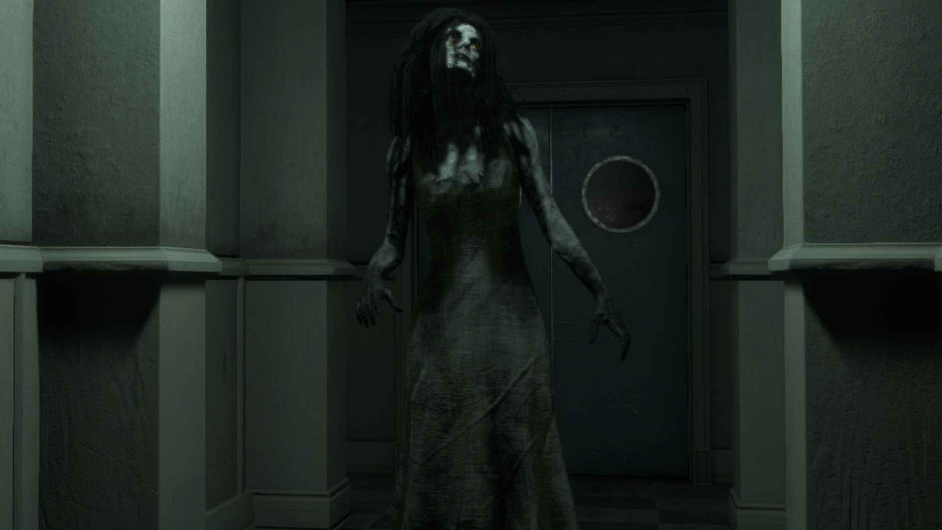 A spectral figure stands in a dim hallway.