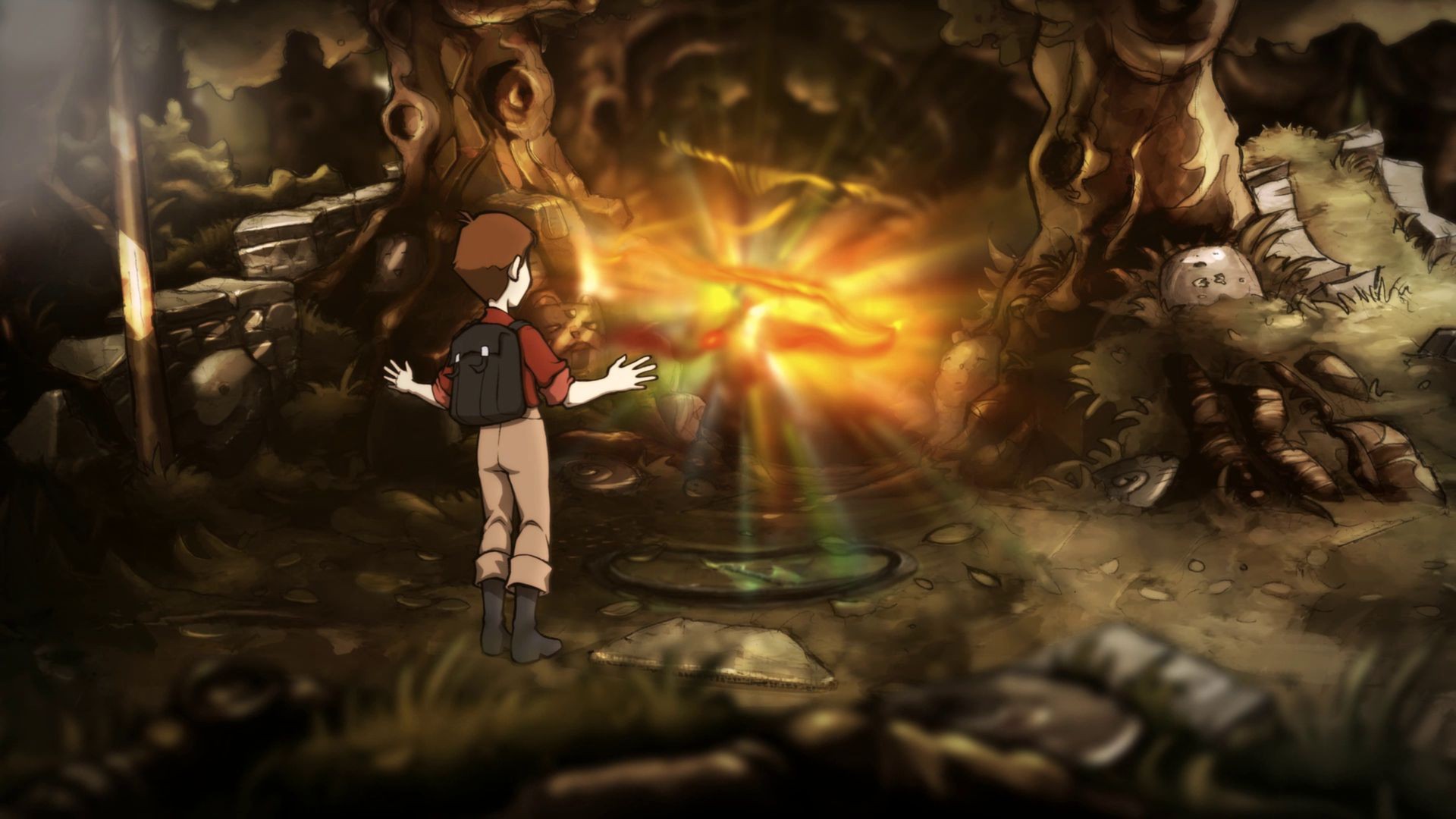 Jerry stands before a bright magical opening in a woodland hollow.