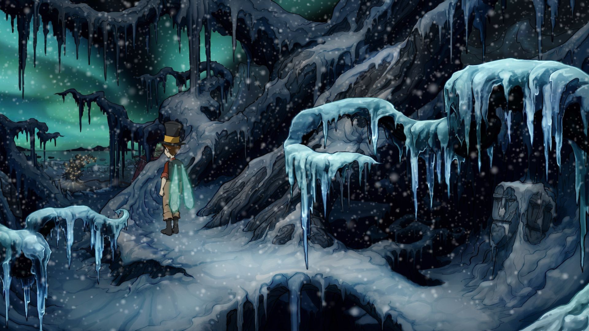 Jerry explores an icy cavern beneath hanging icicles.