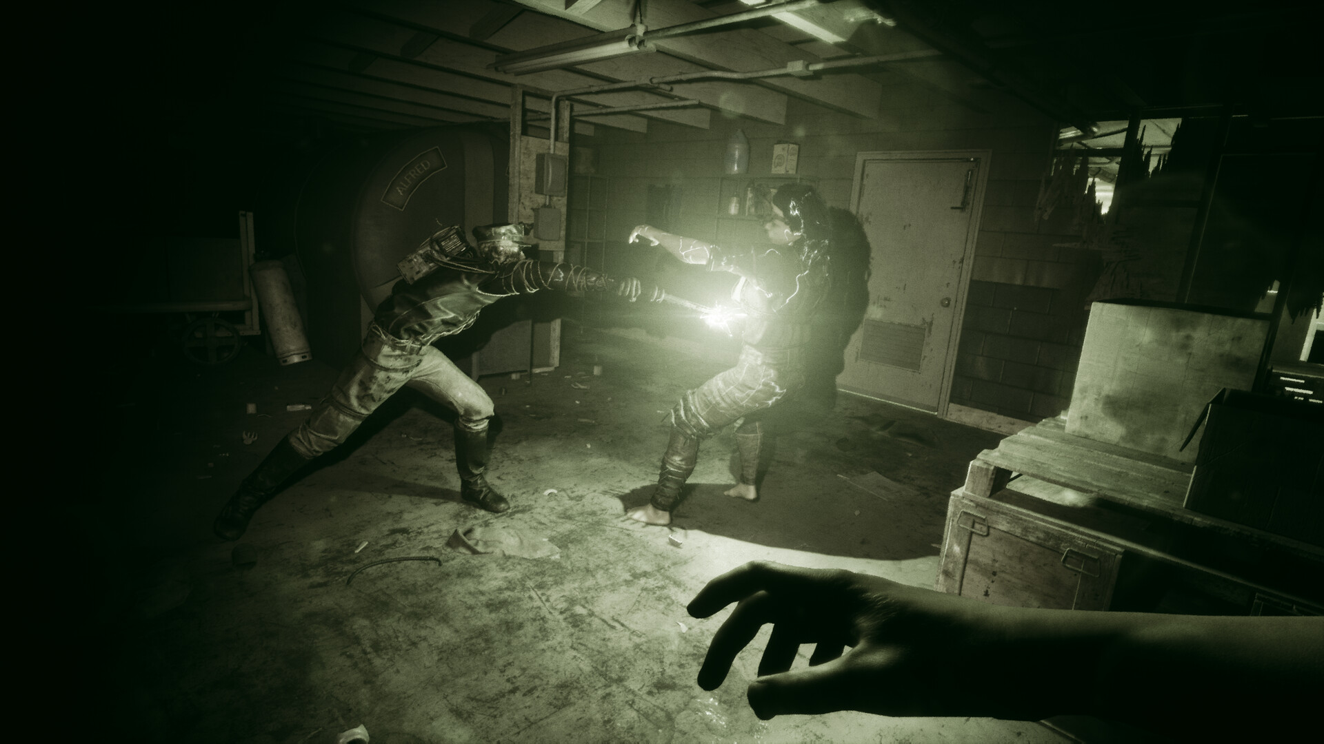 Figures struggle in a room seen through night vision.
