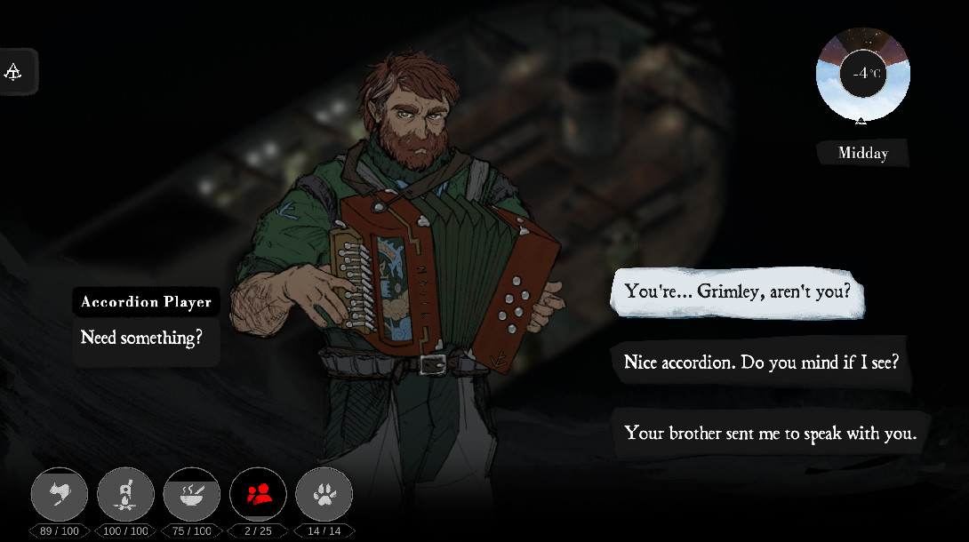 An accordion player speaks as a dialogue choice appears.