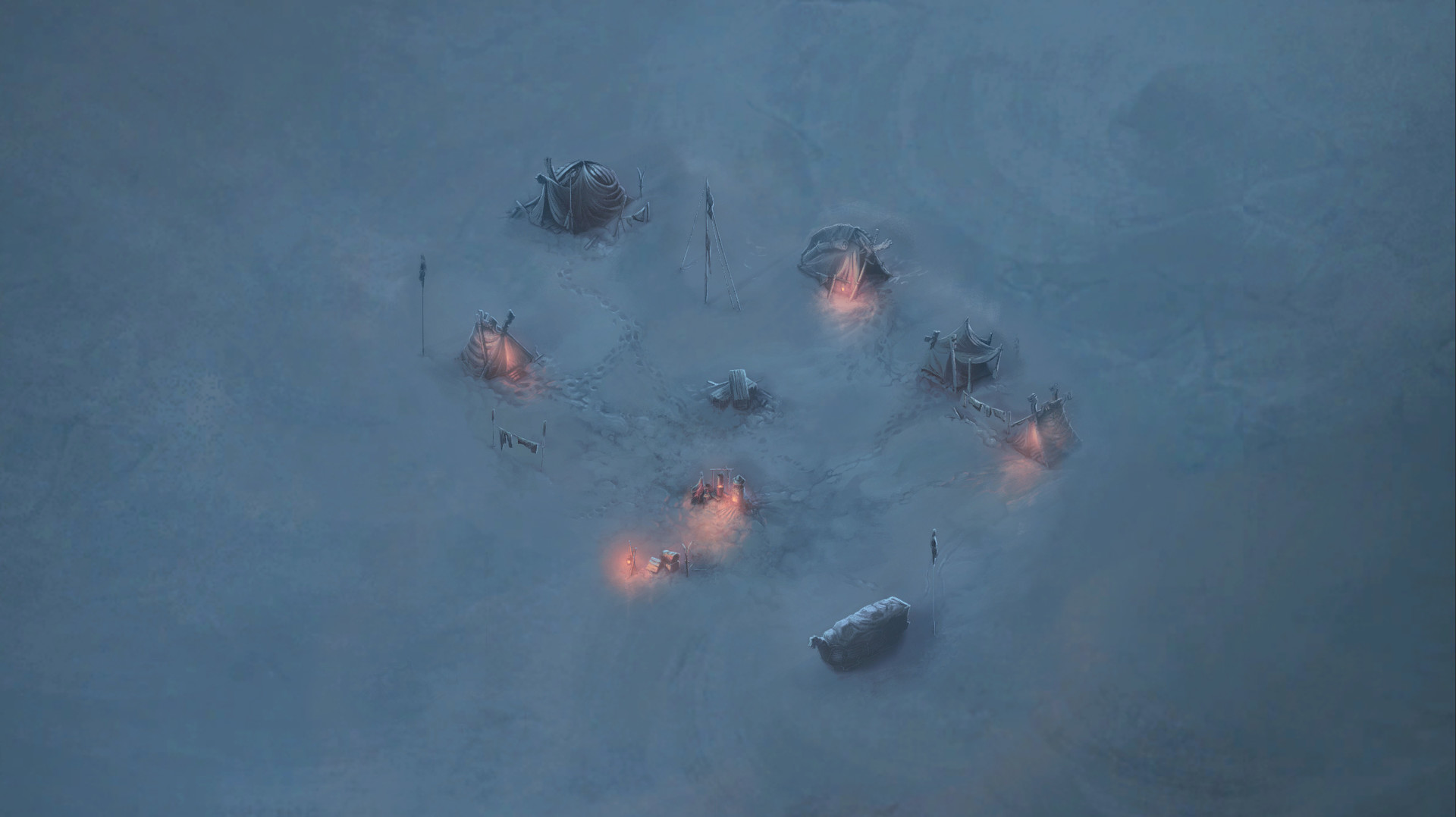 A small expedition camp glows through snow and darkness on the ice.