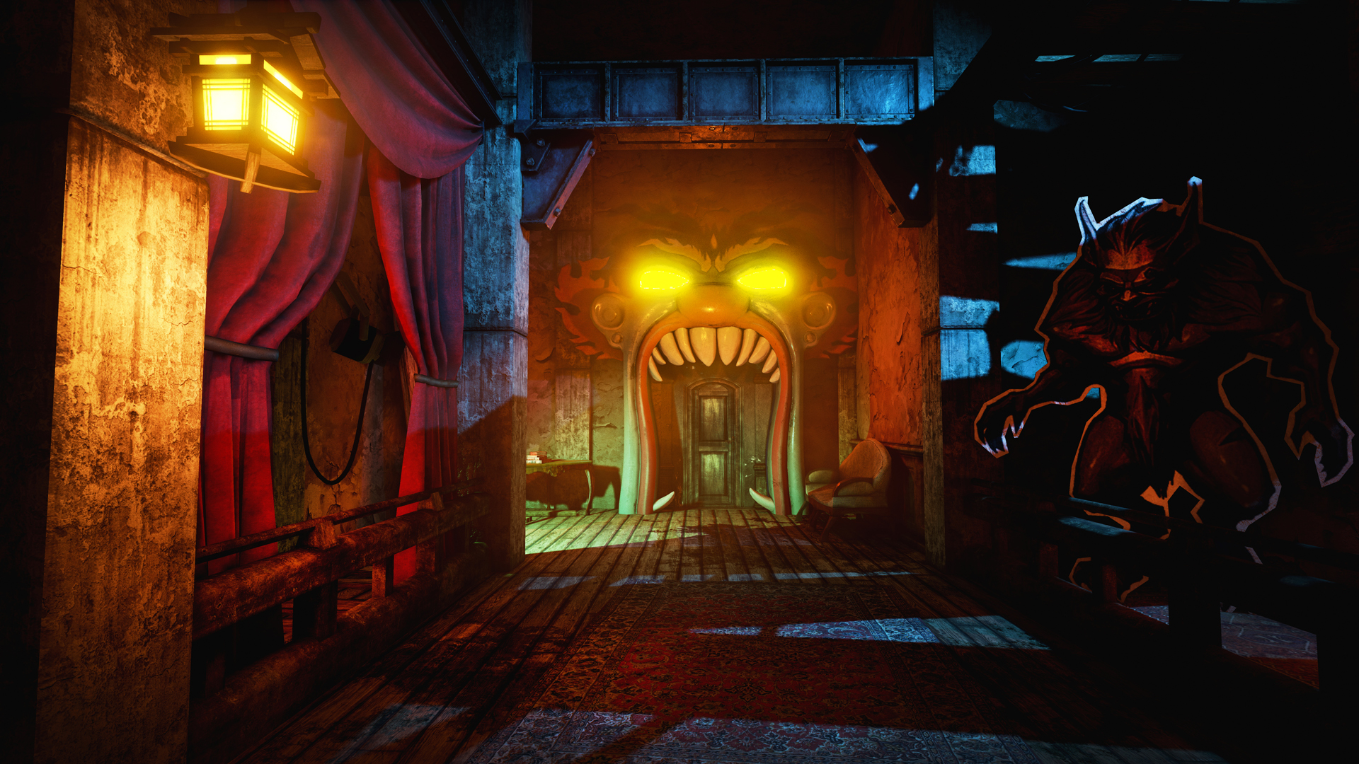A glowing entrance sits beneath a grinning amusement-park face.