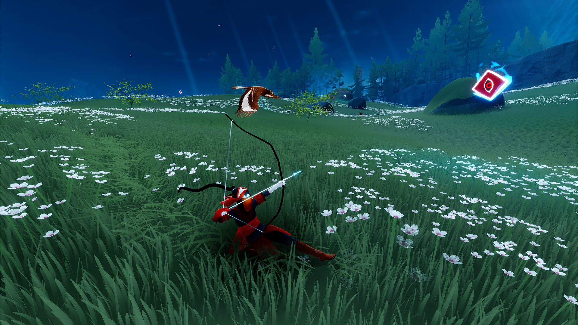 The Hunter aims her bow beside her eagle in a field of white flowers.