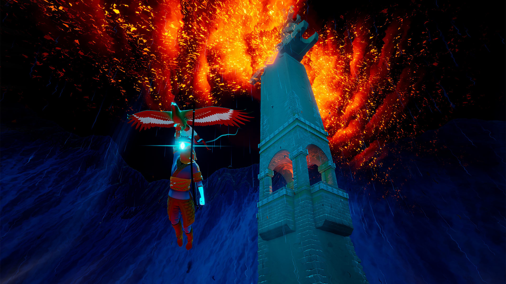 The Hunter glides toward a stone tower beneath a blazing sky.