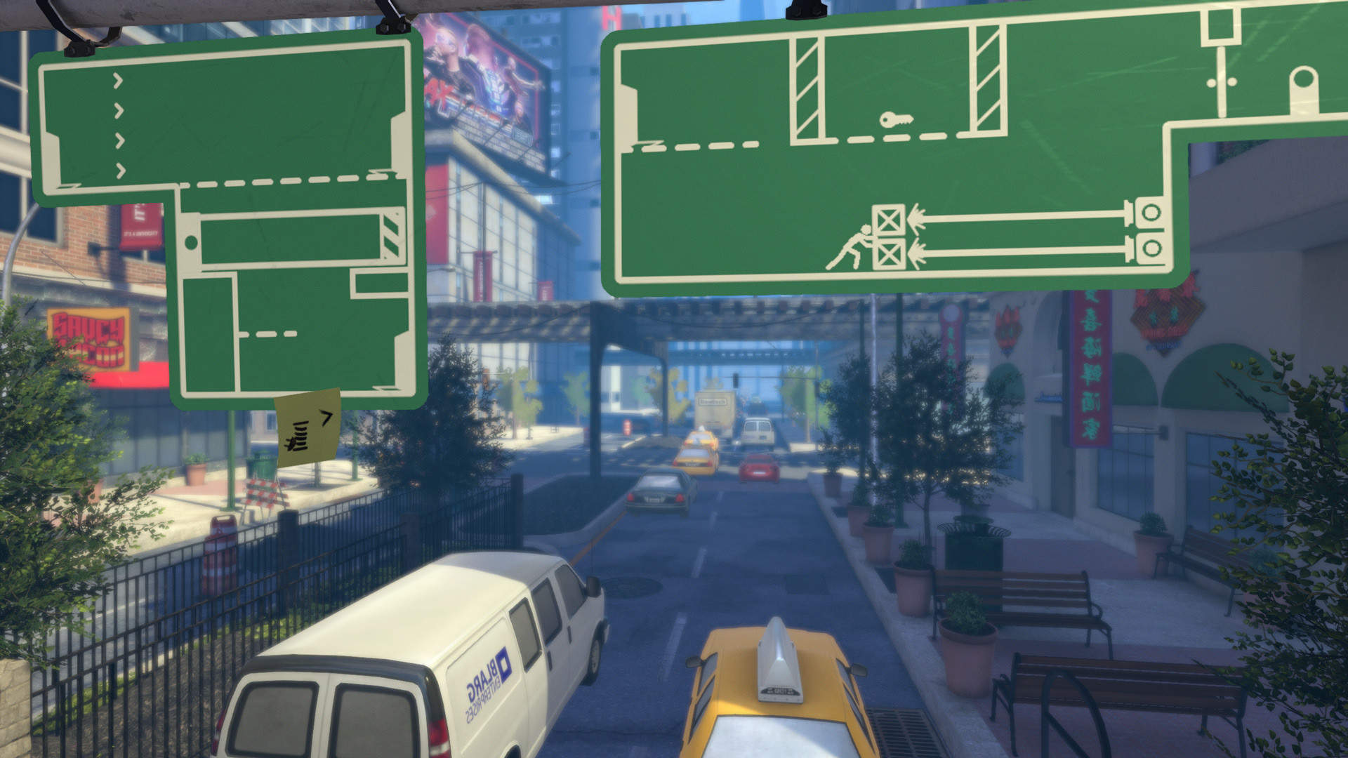 Public signs form connected puzzle rooms above a city street.