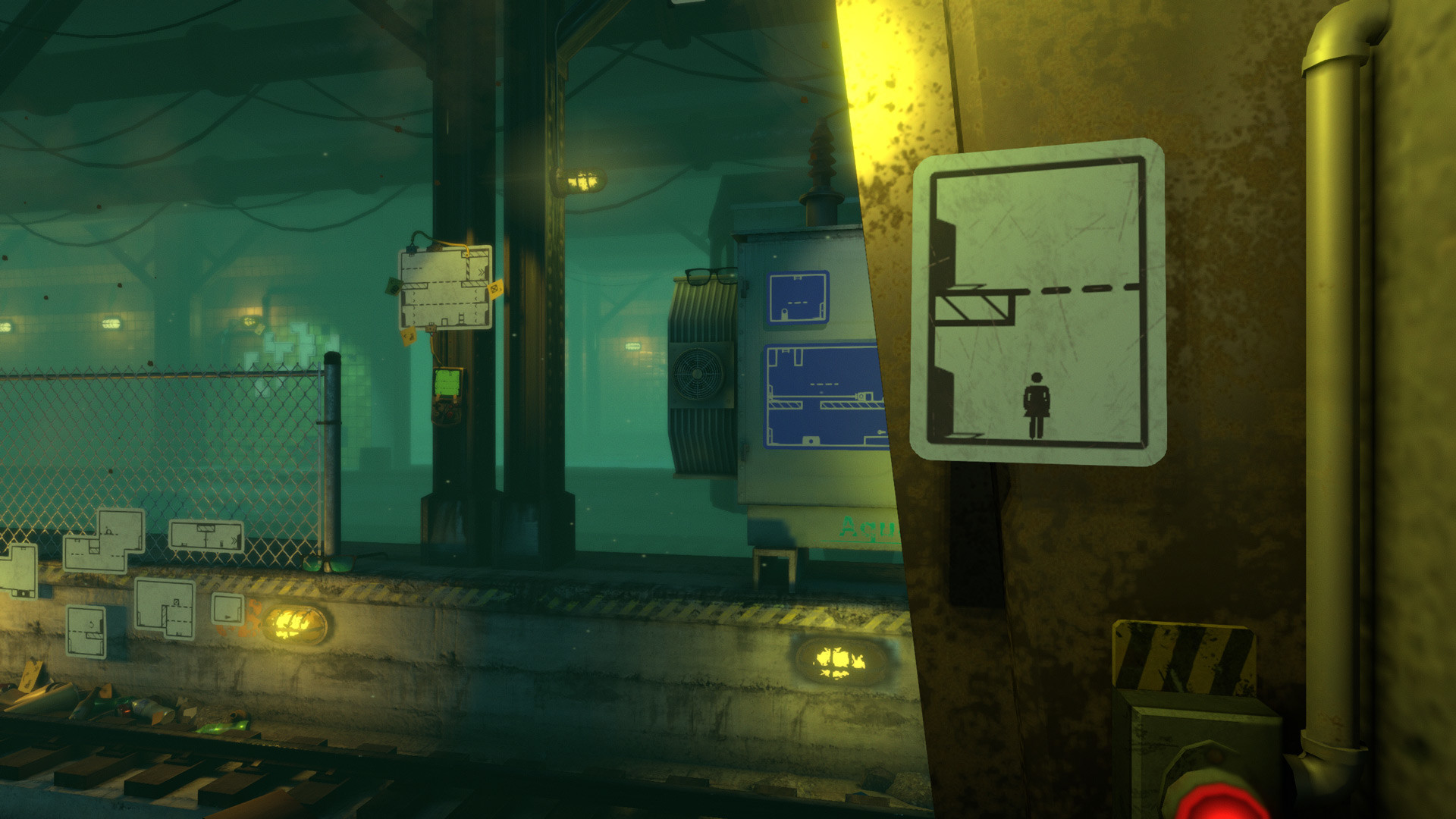 A small sign puzzle stands inside a dim industrial area.