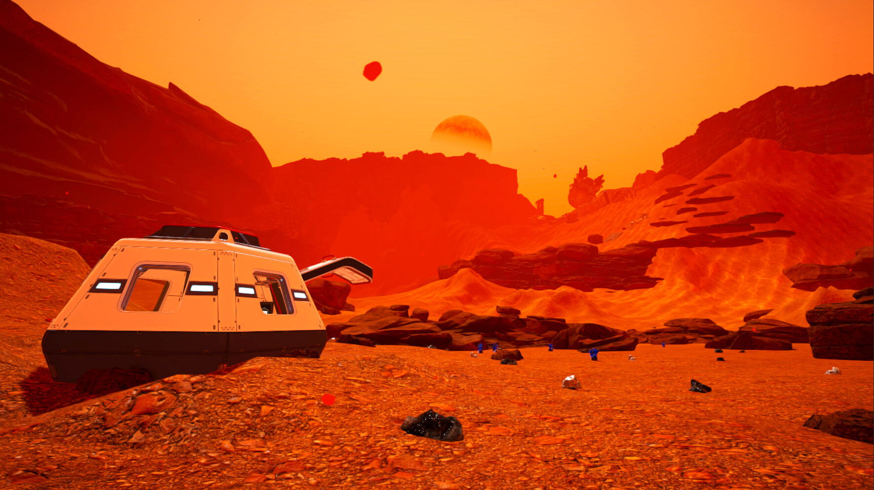 A landing pod sits in a rocky red desert.
