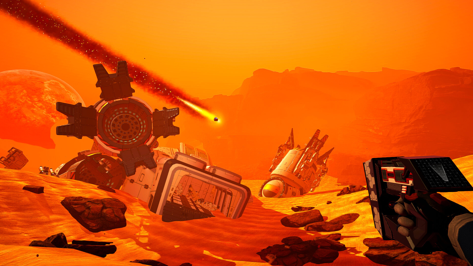 A crashed structure lies in a harsh orange landscape.