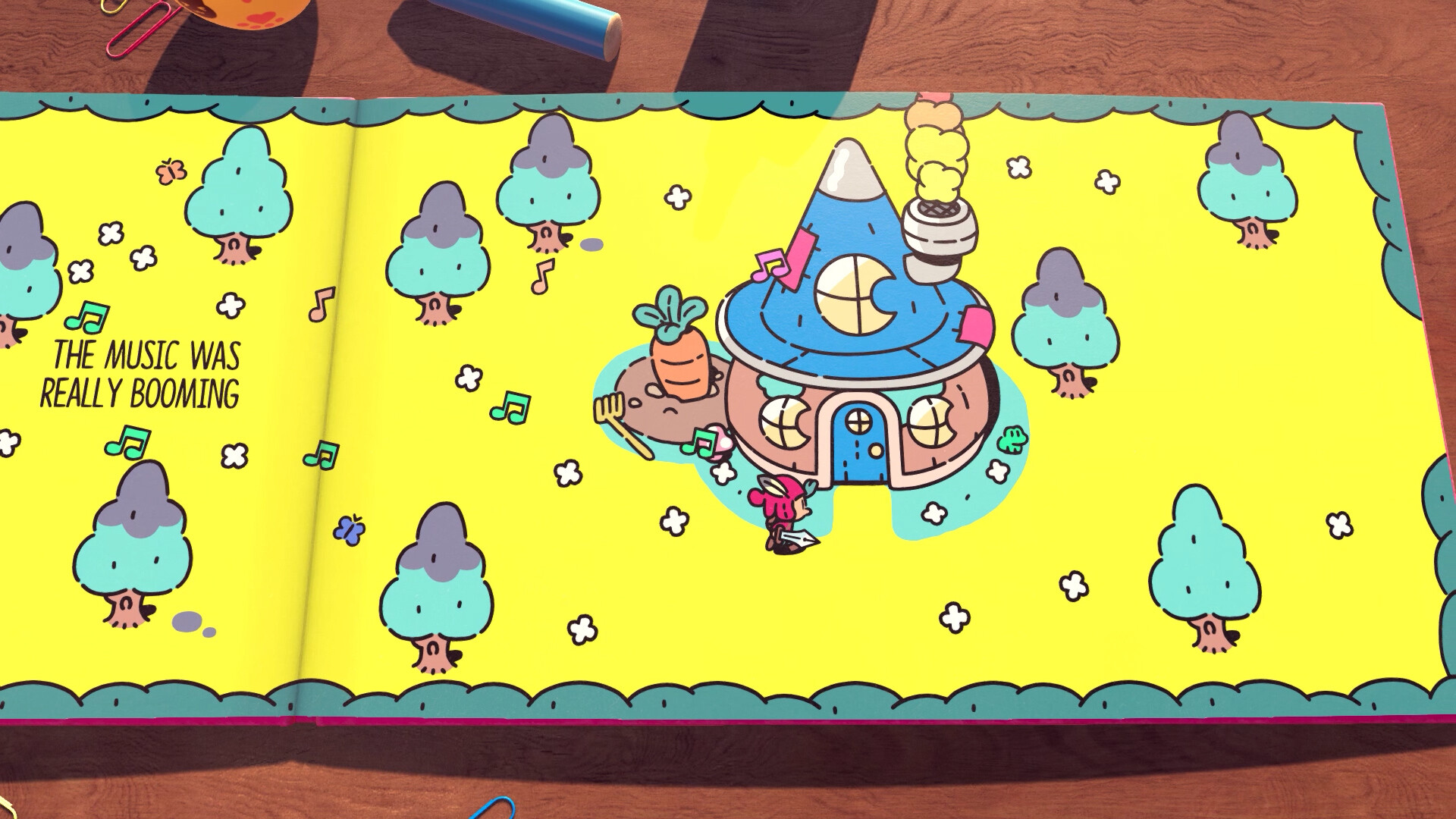 An illustrated storybook scene features a small hero and printed text.