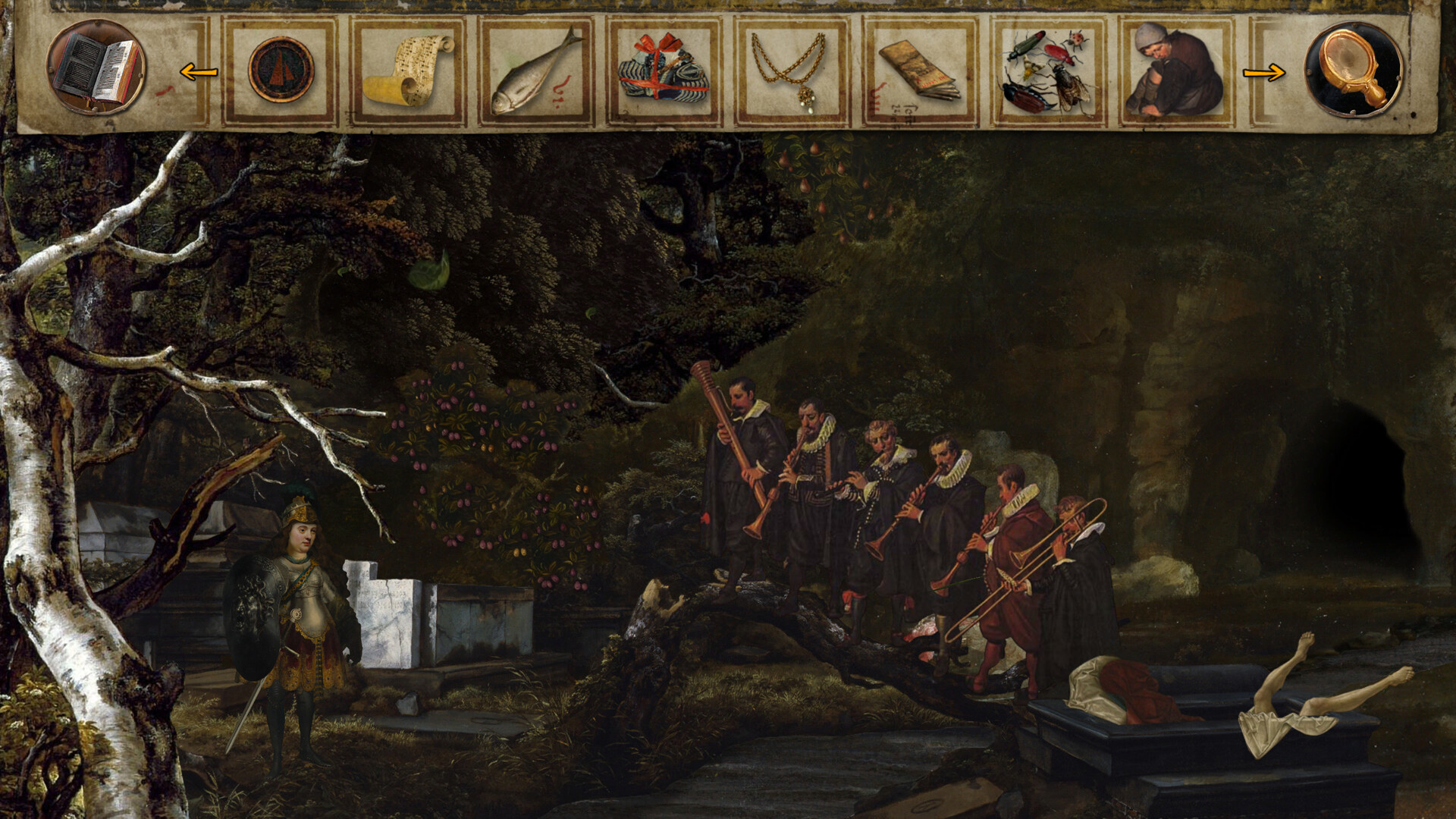 Painted figures move through a wooded scene beneath the inventory strip.